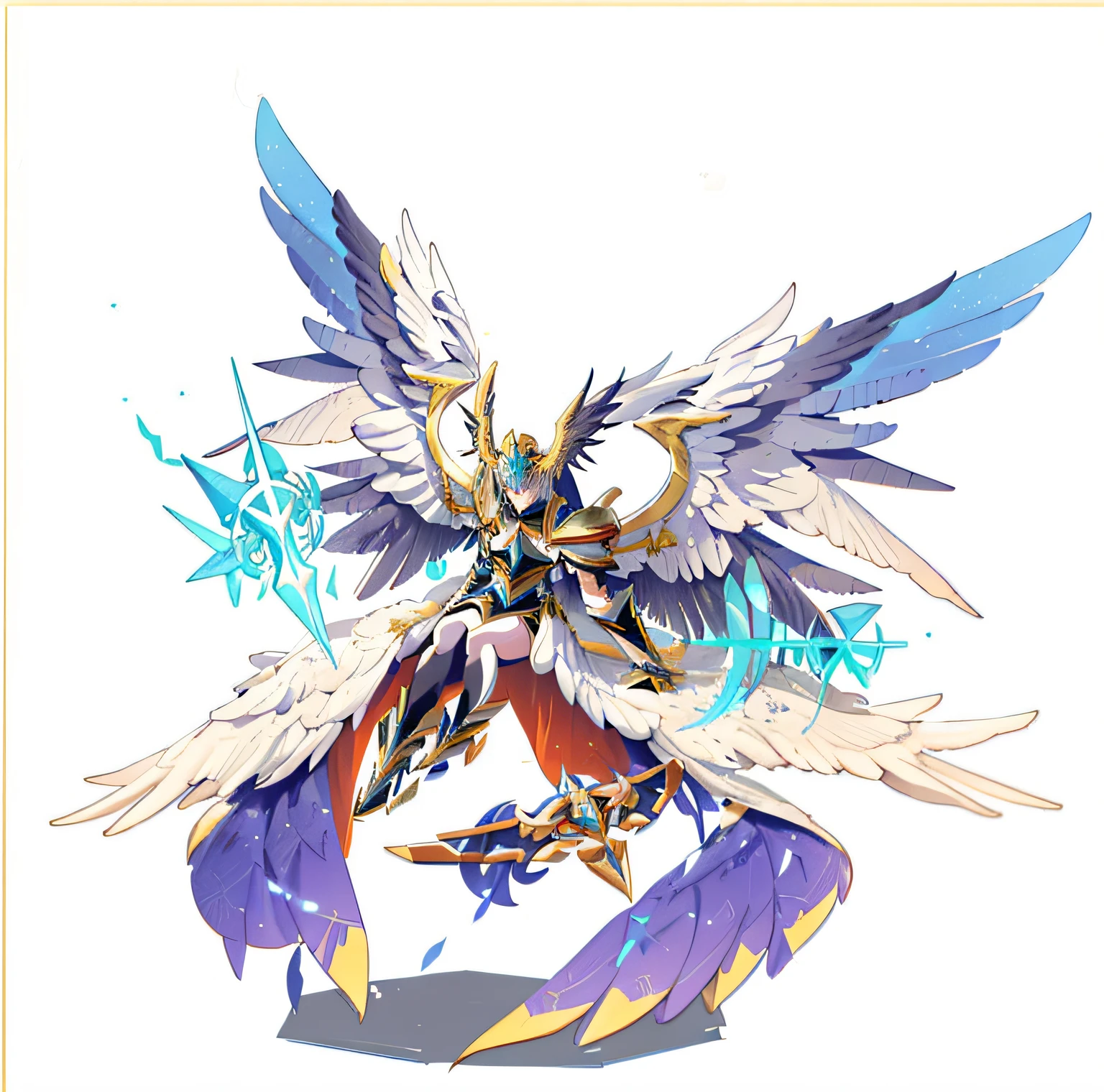 a close up of a cartoon character with a sword and wings, style of duelyst, huge feathery wings, seraphim, mystical atlantean valkyrie, angemon l sitting at the thrown, mega legendary, Gunnier, mystical anubis valkyrie, black aarakocra eagle warlord, this character has cryokinesis, armor angle with wing