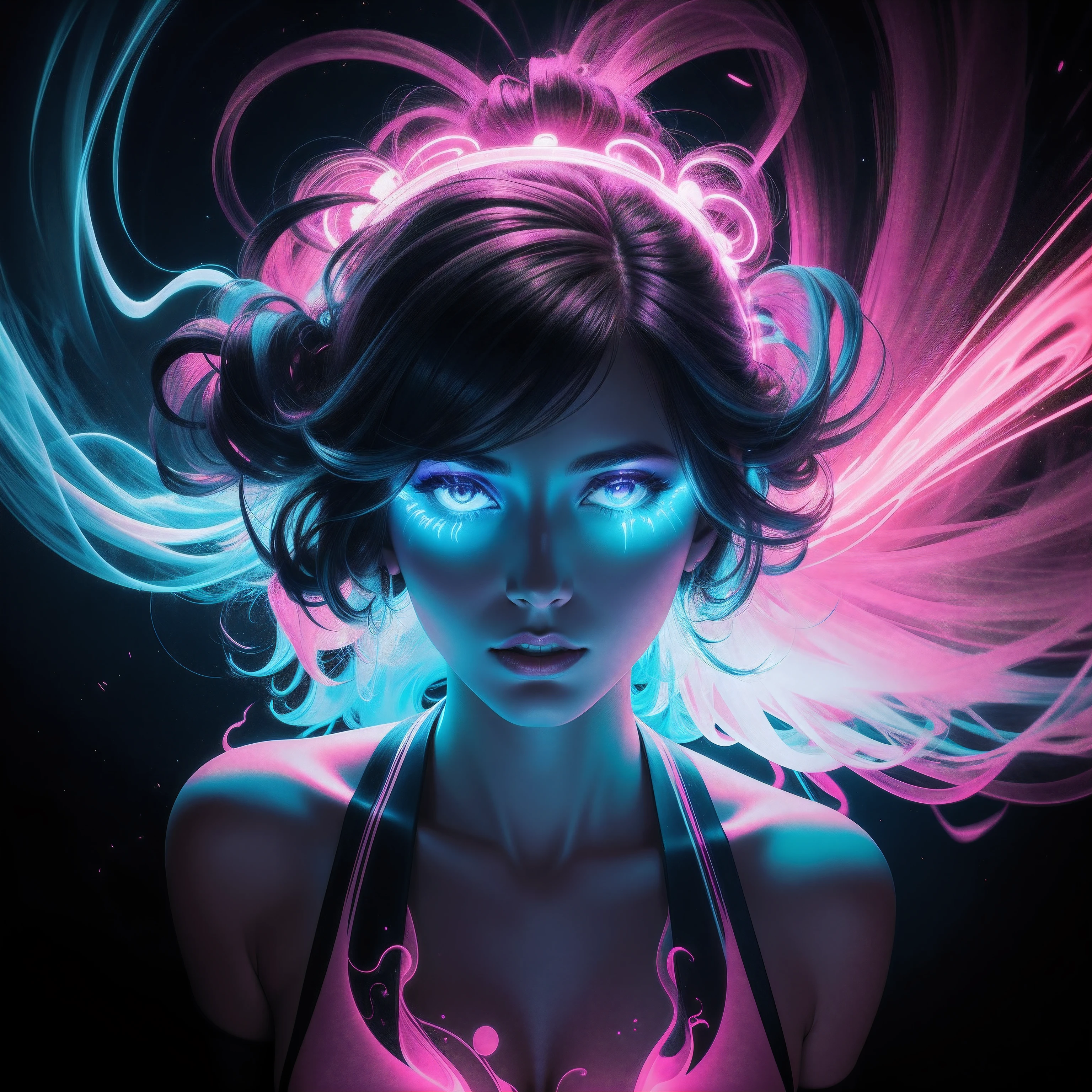 A woman with glowing hair and blue eyes in a bikini - SeaArt AI