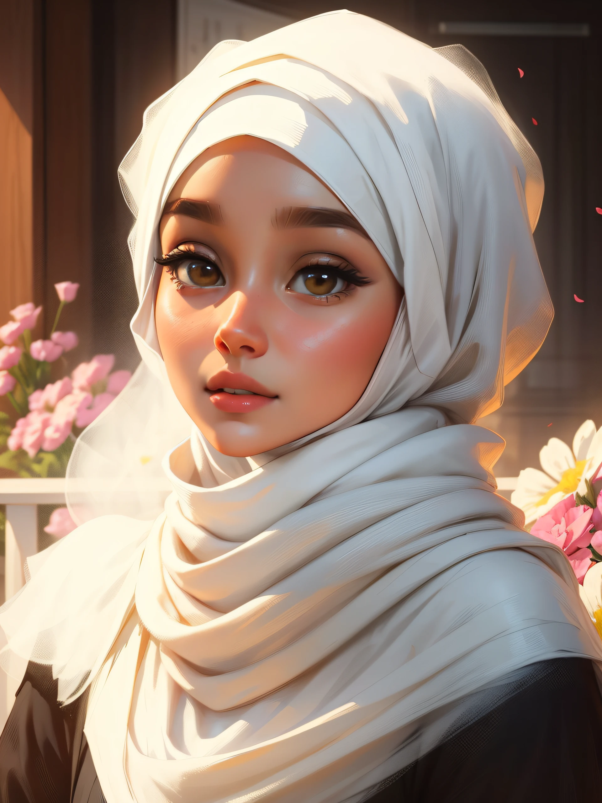 Flowers Garden background, High resolution quality, queen, flowers on head, body cover by cloth, realistic face, muslim girl