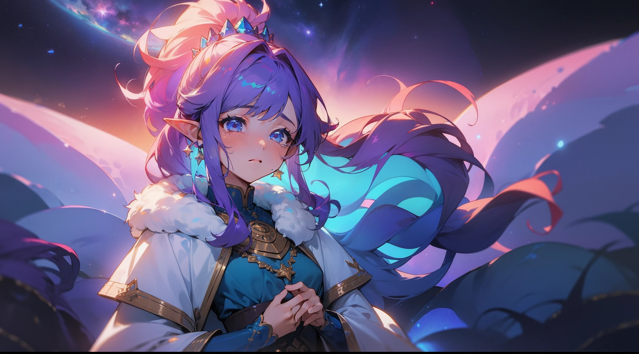 ((tmasterpiece)), (((beste-Qualit))), Tragic pose, A Deep Look, illustartion, 1 girl, (Girl crying), Majestic view, Princess, (multi-colored hair, Hair gradient, Hair color from blue to peach, without bangs, curly curl on the cheek, hairstyle: high ponytail, long tail), The eyes are crimson-red, Environment change scene, big breastes, Regular, (Traditional blue costume, Clothing of a northern character, fur, Layering of clothes, Small Blue Gemstones, white patterns on the fabric in the form of stars), Ocean waves, glittering, Purple water, galaxy, Additional lighting, Lots of purple and orange, Complicated details, voluminous lighting, Rich detail and color, (Glow, Ambiance Lighting), dreamy, elvish, fluffy clouds, Lots of bright stars, the Milky Way, galaxy