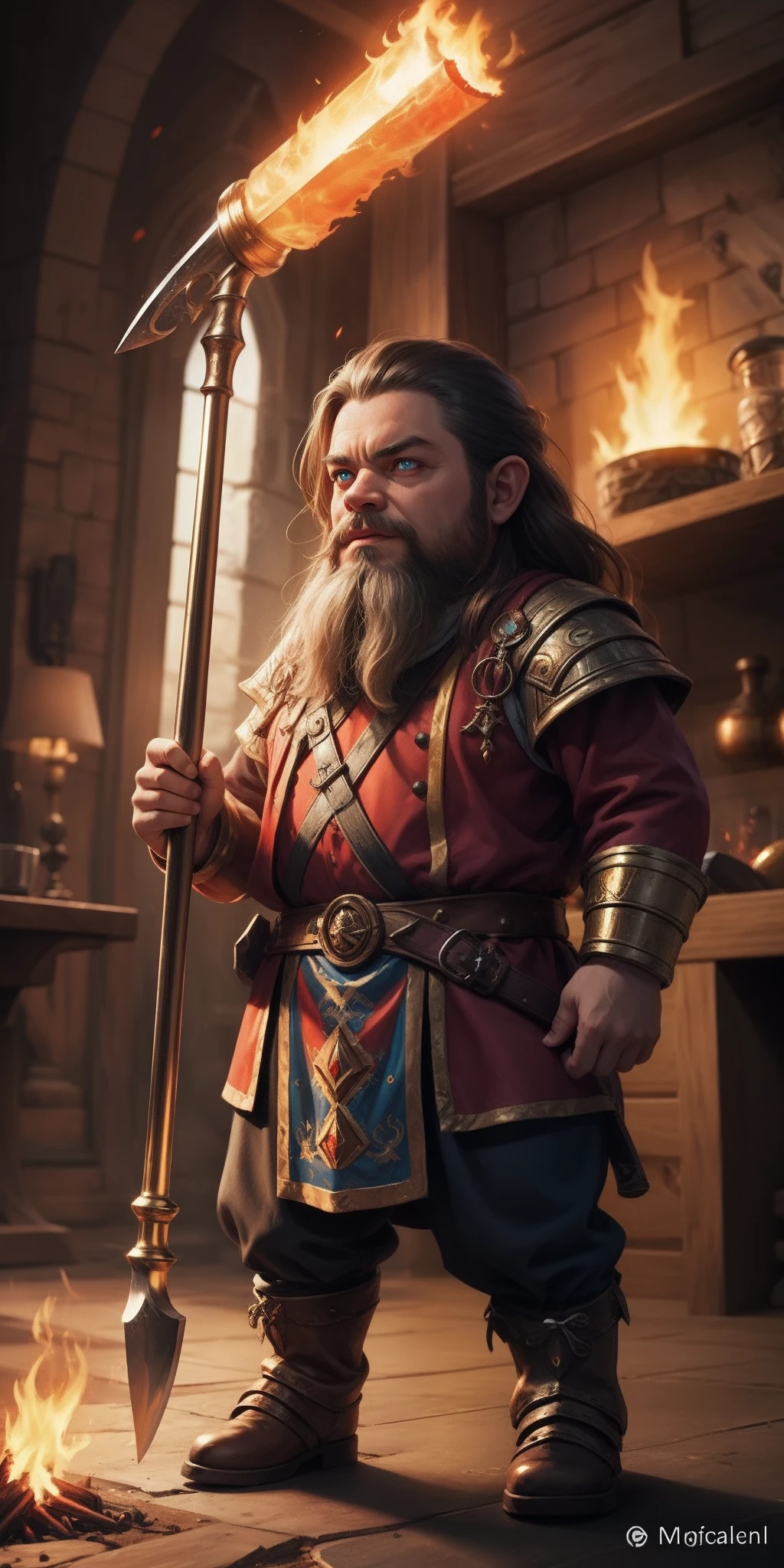 A dwarf with fiery eyes, With a huge magic hammer, Metallic skin