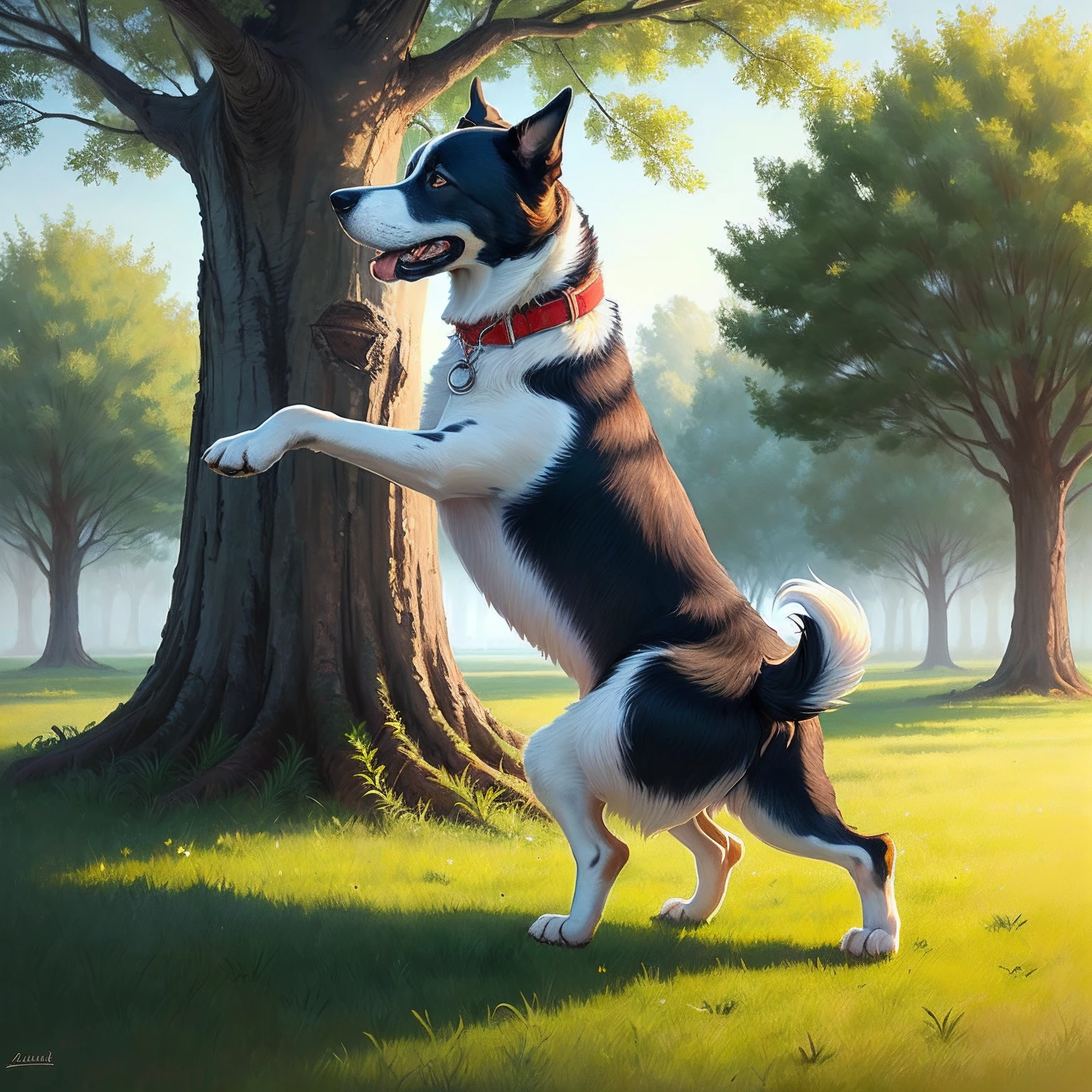 There is a dog dancing under the tree