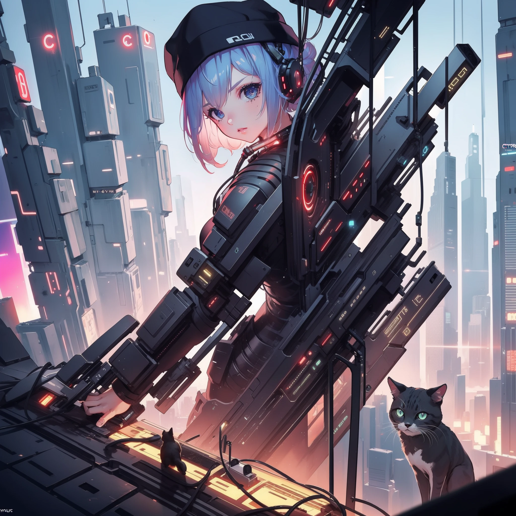 (cyberpunked:1.6),(Cyber City:1.8),Hi-Tech:1.5,High-tech townscape:1.8,Blowing in the wind:1.8,BRAKE Wearing a knitted hat:1.8,Relaxing girl,1 girl,solo,There is a cat next to you:1.8,action:1.6,BRAKE dynamic angle,dutch angle shot,full body shot,medium shot,BRAKE High-tech room:1.6,Cyberpunk Room:1.8,BRAKE (8K), (Raw photo: 1.2), (Realism: 1.4), (masutepiece: 1.3), (exquisite detailing: 1.2), Delicate and beautiful details, (Eye Detail), (Facial Detailed), (Highest Quality) :1.4), (Hyper-Resolution: 1.2), cinematric light, (very detailed illustration),Best Quality,depth of fields, Wide light, natural shadows