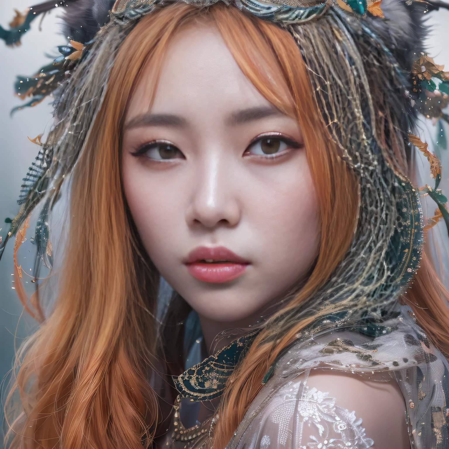 Exclusion Zone 32K（tmasterpiece，k hd，hyper HD，32K）Long flowing light orange hair，Autumn Pond，zydink， a color， Tongzhou people （Girl with glowing eyes）， （Thin silk scarf）， Side squat position， looking at the ground， long whitr hair， Floating hair， Python headdress， Chinese long-sleeved clothing， （abstract ink splash：1.2）， white backgrounid，Lotus protector（realisticlying：1.4），Purple-pink hair，Snowflakes fluttering，The background is pure， A high resolution， the detail， RAW photogr， Sharp Re， Nikon D850 Film Stock Photo by Jefferies Lee 4 Kodak Portra 400 Camera F1.6 shots, Rich colors, ultra-realistic vivid textures, Dramatic lighting, Unreal Engine Art Station Trend, cinestir 800，Long flowing light orange hair