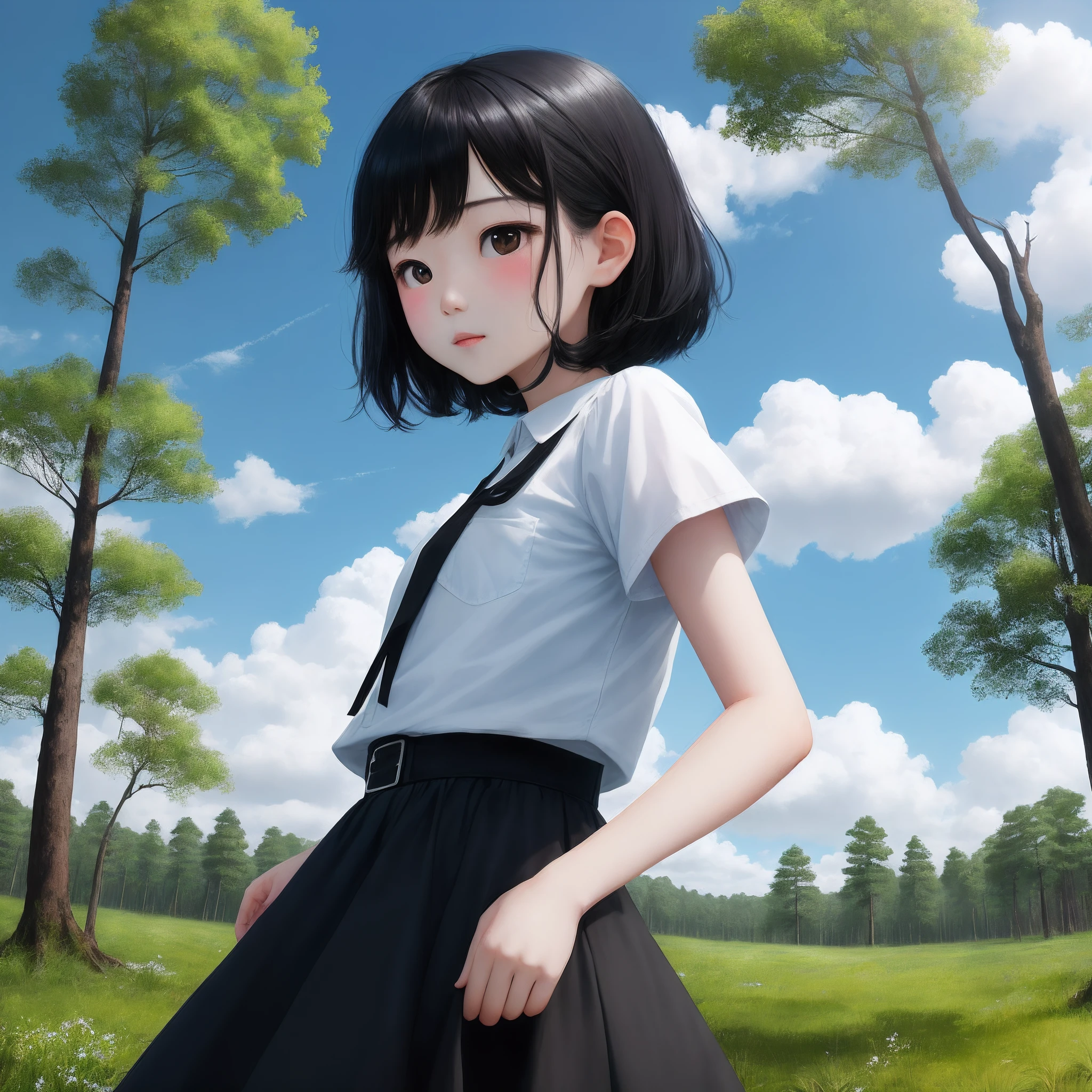 A girUnder the blue sky and white clouds,at a forest,There is a girl with black hair.