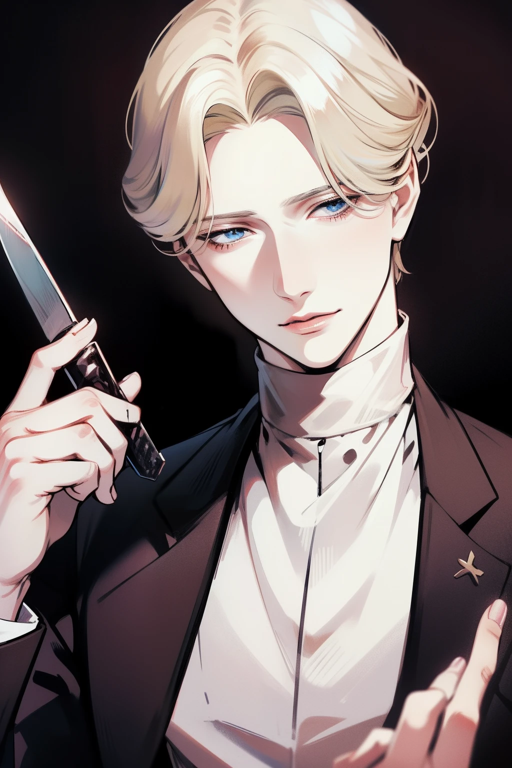 johan liebert, solo boy, knife on hand, wearing black sweather, knife on hand with blood, bloody face, blood on hands, gore, bloody, blood dripping, abuse, angst, manipulator,