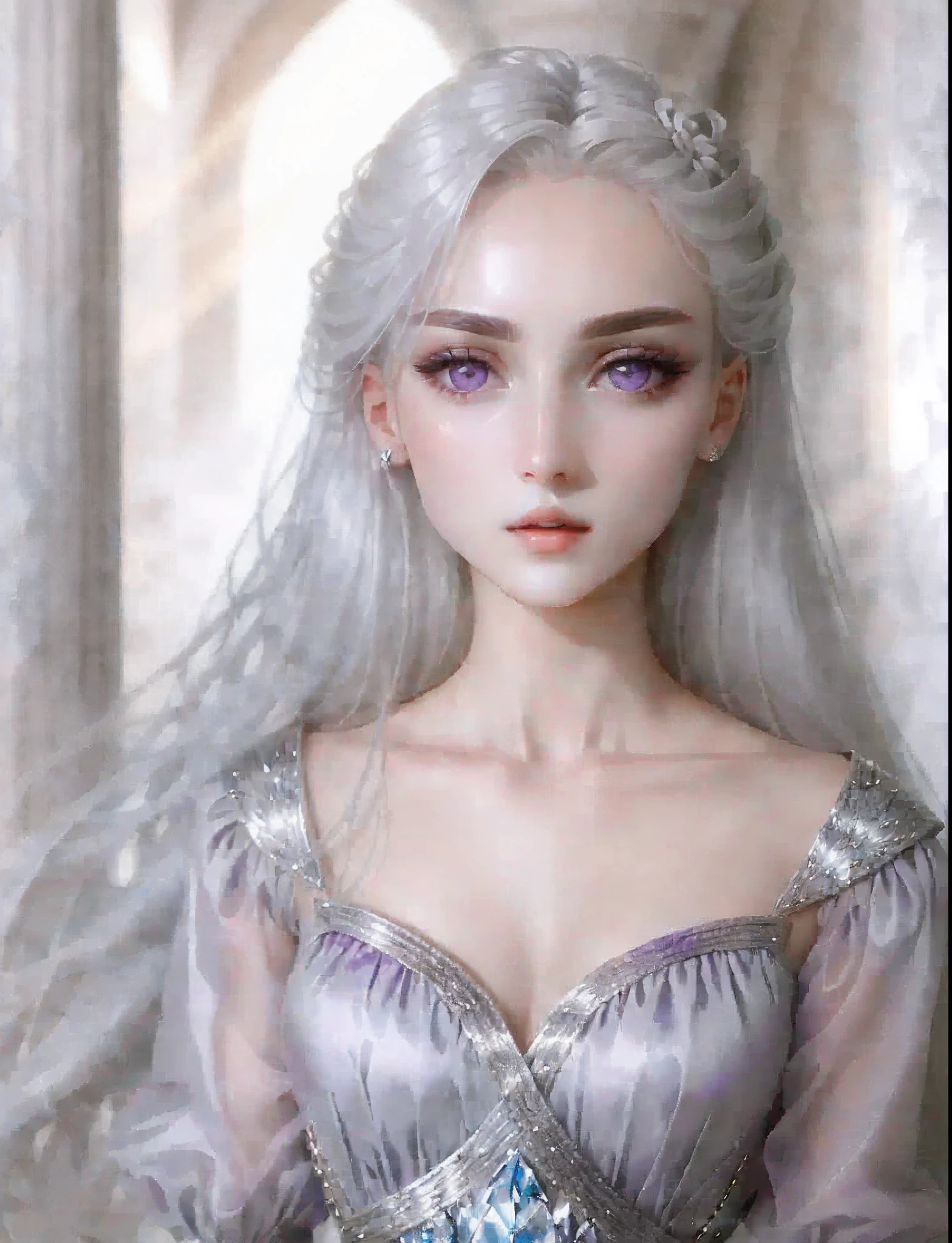 Long silver hair,Scattered behind you all the time,Up to the ankles,Not only is the hair soft,It also has a texture like a silver crystal。There is a beauty that words cannot describe,All the depictions are not enough to describe her stunning face。Slightly pale fair skin,Purple eyes。Even if she only wears an ordinary white shirt,Also looks very sexy。
Her eyes are incomparably beautiful,Long curled eyelashes,The purple eyes are clear and transparent,Especially when there was a little confusion in her eyes,There is also a feeling of compassion that people can't help but feel。