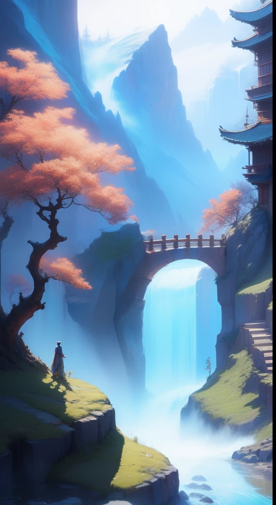 Ancient Chinese city，in wonderland，Tall mountains，waterfallr，Huge scenes