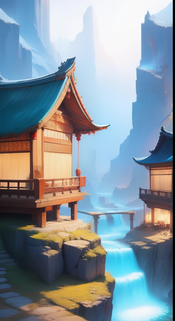 Ancient Chinese city,in wonderland,Tall mountains,waterfallr,Huge scenes