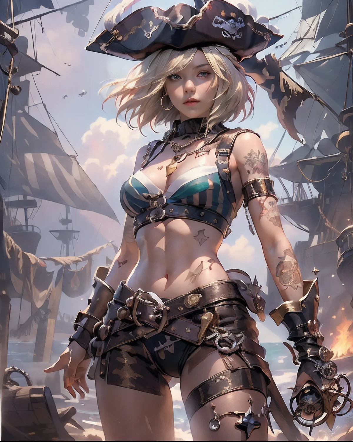 (((of the highest quality: 1.4))),(unparalleled masterpiece ever), (Ultra high definition),(Ultra-realistic 8K CG), (((adult body))), (((1girl in))), ((( Bob Shorthair ))), 25-year-old pirate with a perfect body, Pirate hat with metal spines,Beautiful and well-groomed face,,Detailed pirate clothing, Image from head to thigh,(( White Blonde Bob Shorthair )), Small leather panties, Simon Bisley's urban savage style,Detailed pirate ship background,Clean abs, Metal protection on the left arm with complex graphics, Dark red with white stars and blue and white stripes, s Armor, Poison tattoo (((Image from the knee up))), The hair,