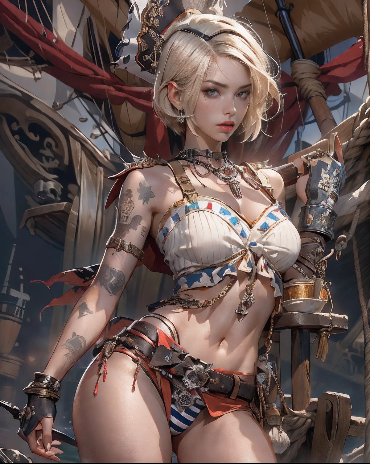(((of the highest quality: 1.4))),(unparalleled masterpiece ever), (Ultra high definition),(Ultra-realistic 8K CG), (((adult body))), (((1girl in))), ((( Bob Shorthair ))), 25-year-old pirate with a perfect body, Pirate hat with metal spines,Beautiful and well-groomed face,,Detailed pirate clothing, Image from head to thigh,(( White Blonde Bob Shorthair )), Small leather panties, Simon Bisley's urban savage style,Detailed pirate ship background,Clean abs, Metal protection on the left arm with complex graphics, Dark red with white stars and blue and white stripes, s Armor, Poison tattoo (((Image from the knee up))), The hair,