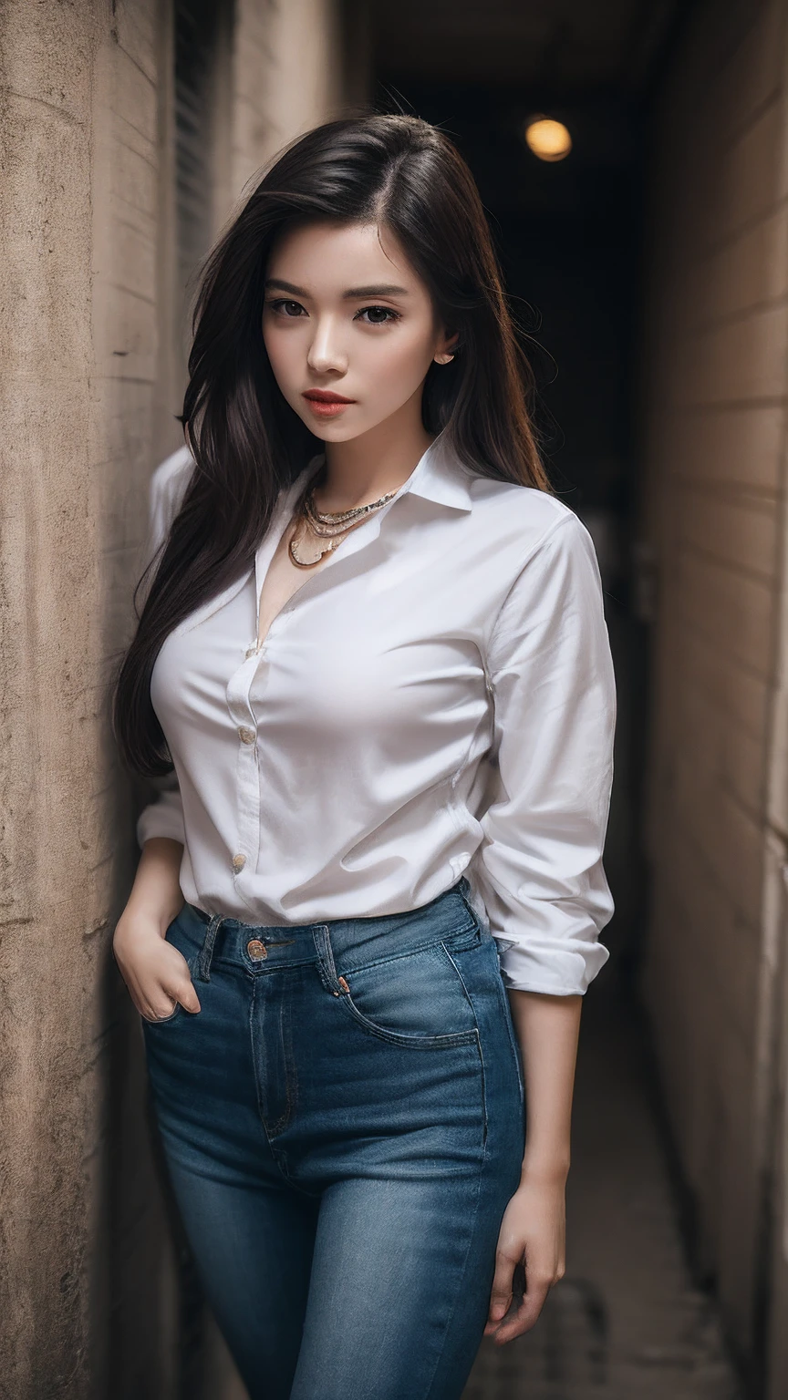 1个Giant Breast Girl，独奏，asiagirl，Complicated details，color difference，realisticlying，exquisite facial features，long whitr hair，，Purple highlights，Long black and shiny hair，pretty eyes，long necklace，Neon shirt，Torn leg pants，Open jacket，Open-collared turtleneck sweater，Against the wall，brick walls，GRAPHITE，dim murky lights，alley，looking at viewert，((Photo 8K))， hdr，Super realistic，primitive，hyper realistic detailed，(cinematic style)，Vivid colors