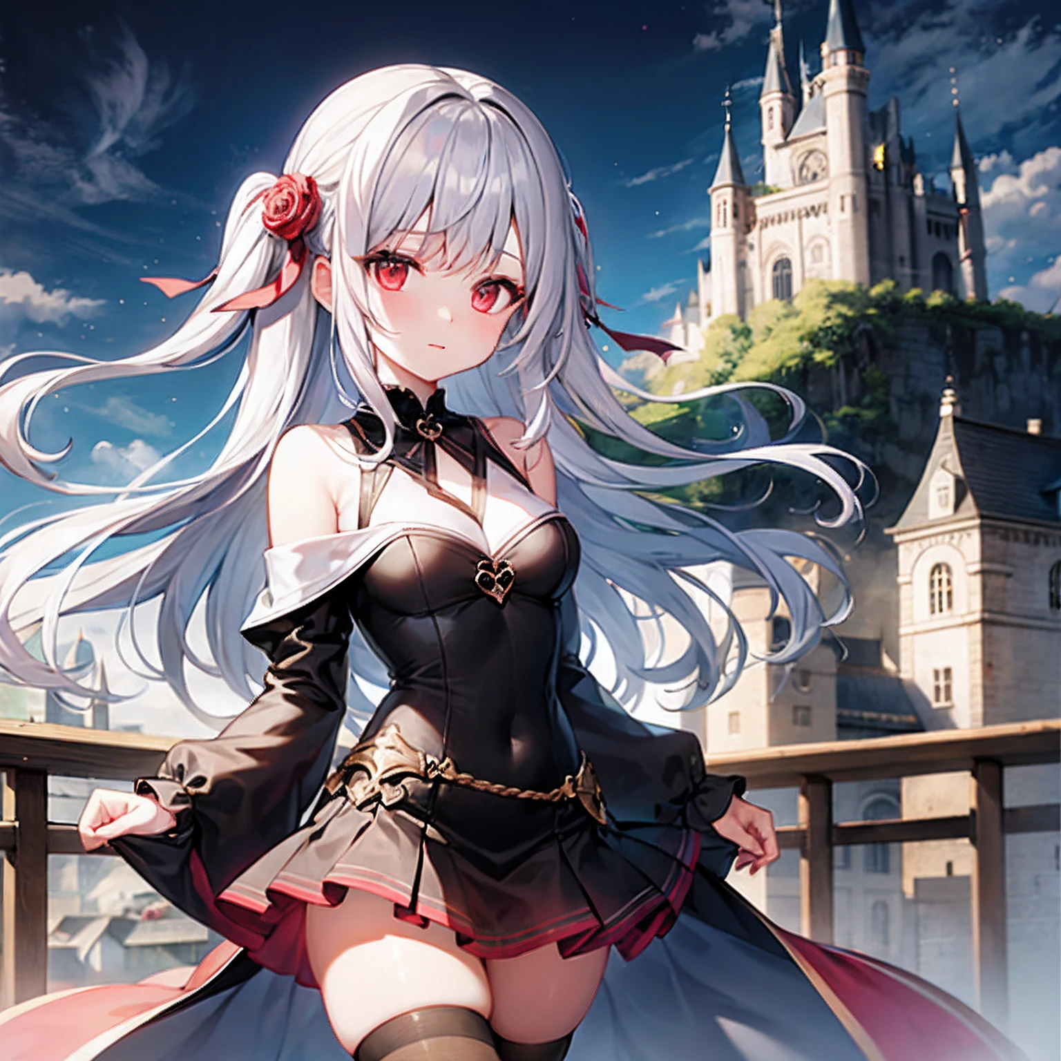 wavy silver hair、red eyes、Beautiful girl alone、doress、off shoulders、a miniskirt、Western-style castle、roses、Black tights