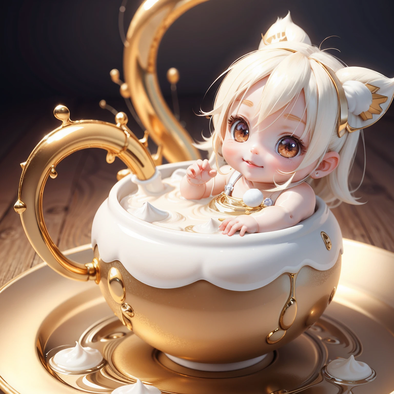 Cute baby chibi anime,Venus,The best smile,long light gold hair,Liquid milk.Cold white skin,Stylized 3D rendering,adorable digital art,Cute rendered 3d anime girl,(Exquisite facial features)(Sophisticated look)(Dita)