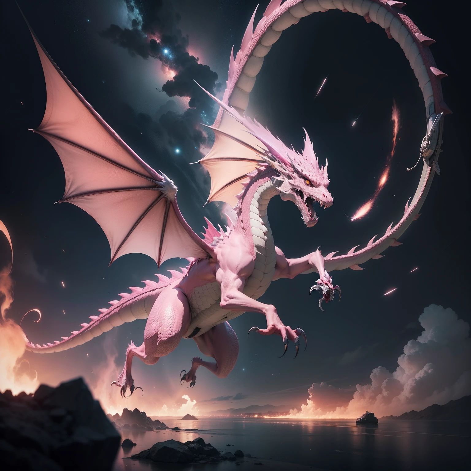 Pink dragon chasing something, high quality photograph, CCTV Video - Raw Style - AR 2:3 - 200 Years,intergalactic,kosmos.