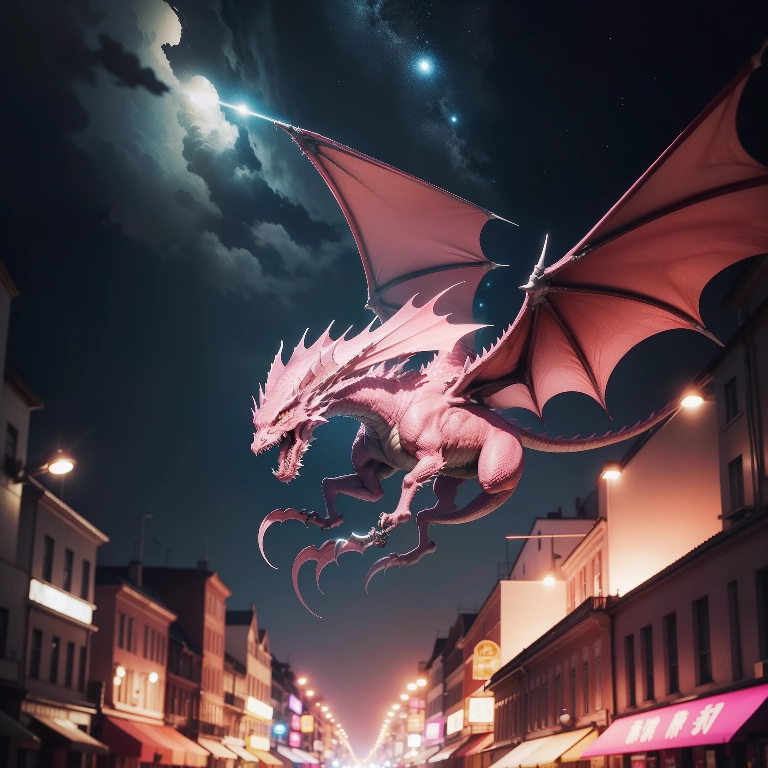 slifer the sky dragon from yugioh flying over a city