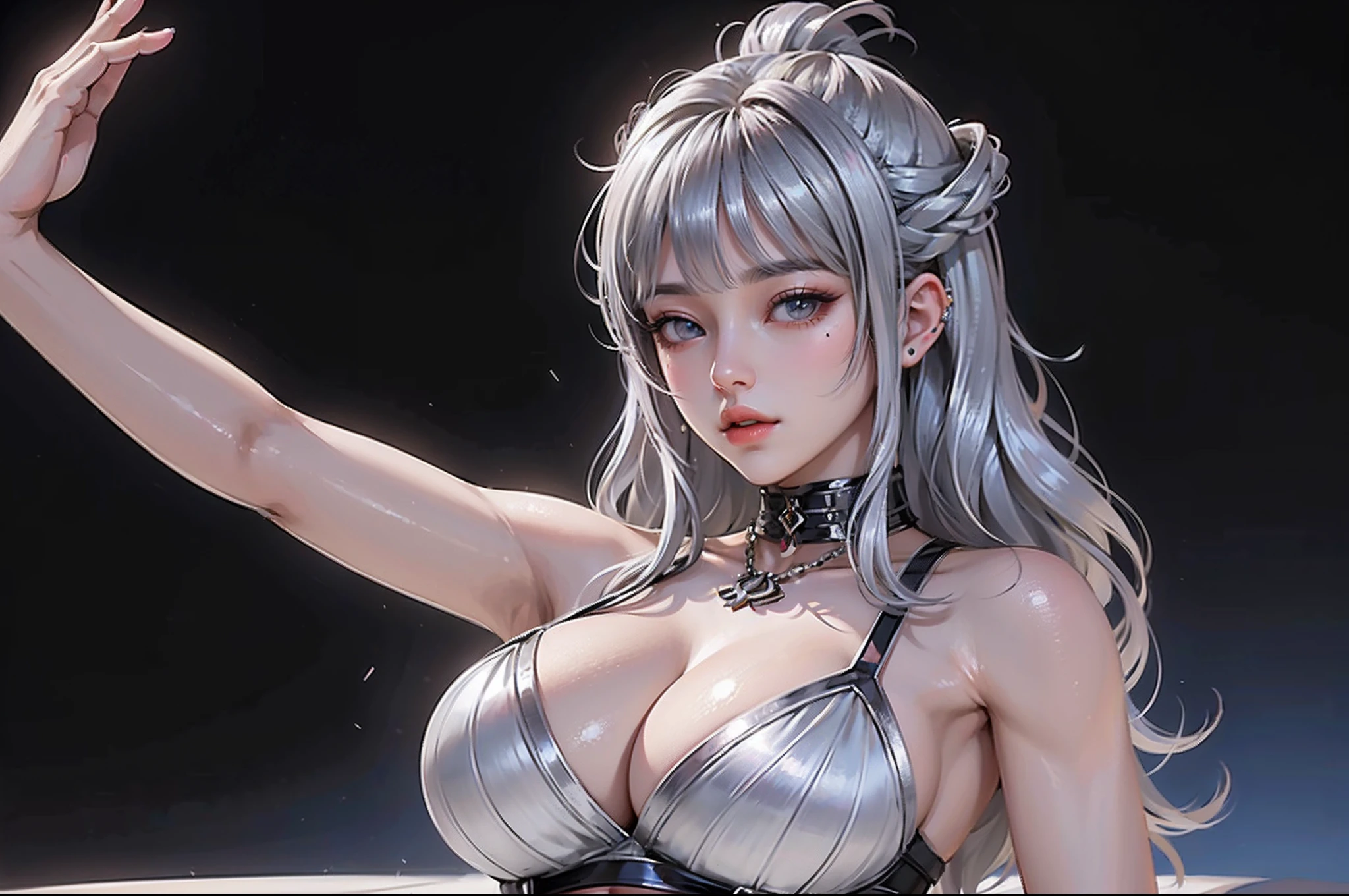 ((Realistic light、top-quality、8K、masterpiece:1.3))、selfy、1girl in、A pretty woman with perfect figure:1.4、abdominals:1.1、(Silvery hair、huge-breasted:1.5)、a bed、hyperdetailed face、A detailed eye、二重まぶた、perfect hands perfect fingers perfect breasts perfect hair perfect face perfect body