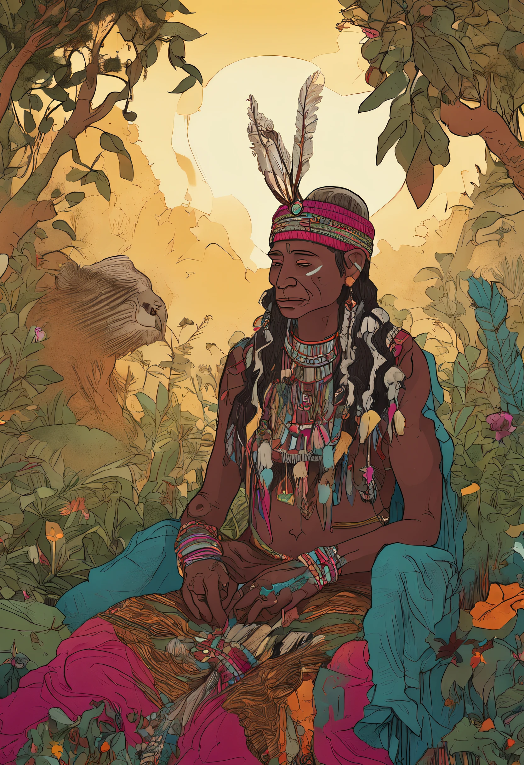 A lovely clearing during twilight, shamans in intricate ceremonial costumes. As luzes iluminam seus rostos, revealing expressions of reverence and focus. The air is filled with the smell of herbs. The atmosphere exudes a sense of ancient wisdom and connection to nature, capturado em uma pintura digital detalhada e vibrante, The image should contain several people