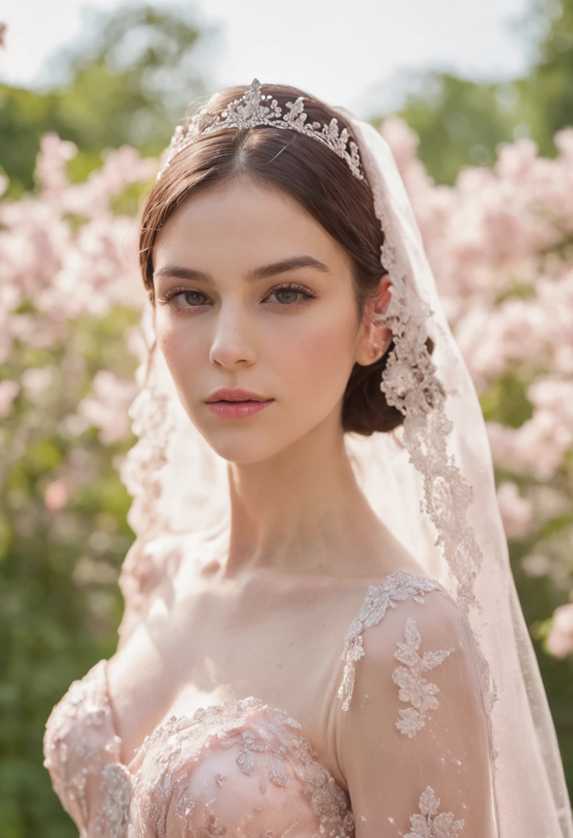 (Photograph of 1 girl dressed as a bride with large transparent veil and pink color dress + suave e delicado)+(Vestido longo em cores brilhantes, Luz brilhante, Cabelo loiro longo e liso + Olhos brilhantes e acolhedores)+(pink petals+ Brisa suave+ with blue sky and white clouds + Bosques verdes)