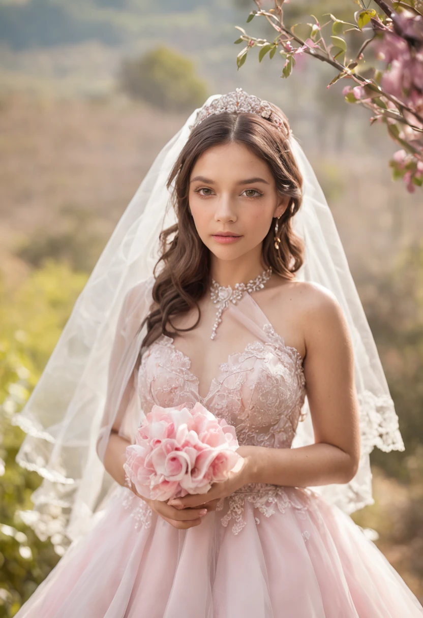 (Photograph of 1 girl dressed as a bride with large transparent veil and pink color dress + suave e delicado)+(Vestido longo em cores brilhantes, Luz brilhante, Cabelo loiro longo e liso + Olhos brilhantes e acolhedores)+(pink petals+ Brisa suave+ with blue sky and white clouds + Bosques verdes)