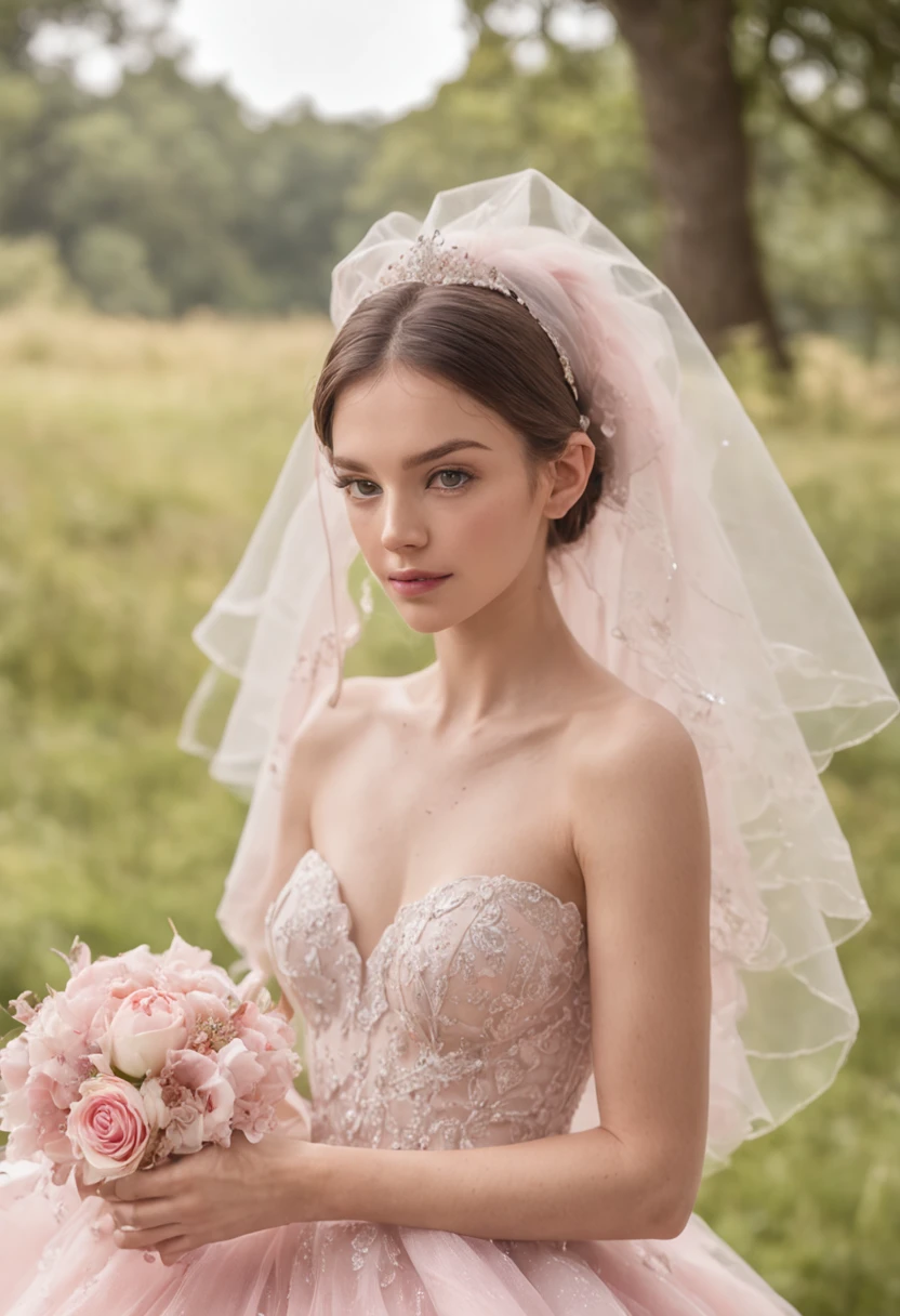 (Photograph of 1 girl dressed as a bride with large transparent veil and pink color dress + suave e delicado)+(Vestido longo em cores brilhantes, Luz brilhante, Cabelo loiro longo e liso + Olhos brilhantes e acolhedores)+(pink petals+ Brisa suave+ with blue sky and white clouds + Bosques verdes)