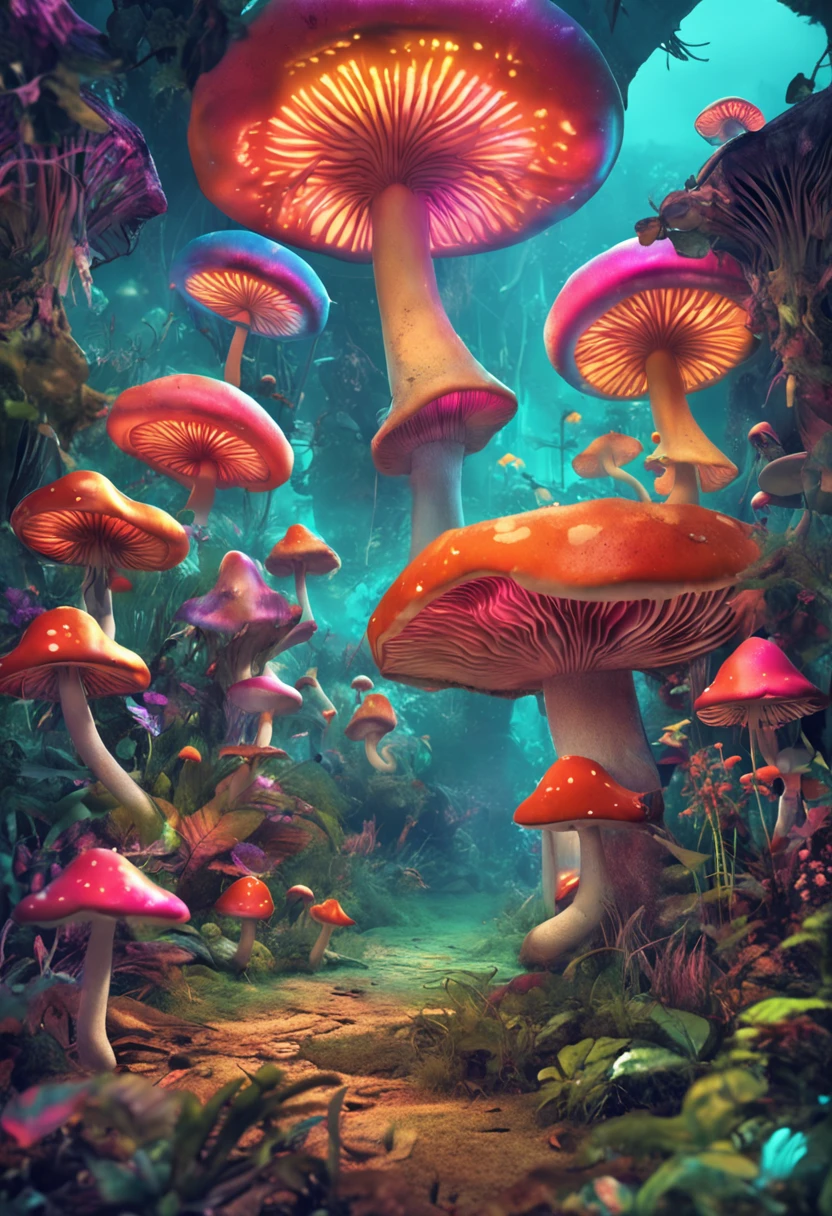 magic world, floating mushrooms, acid trip, lsd