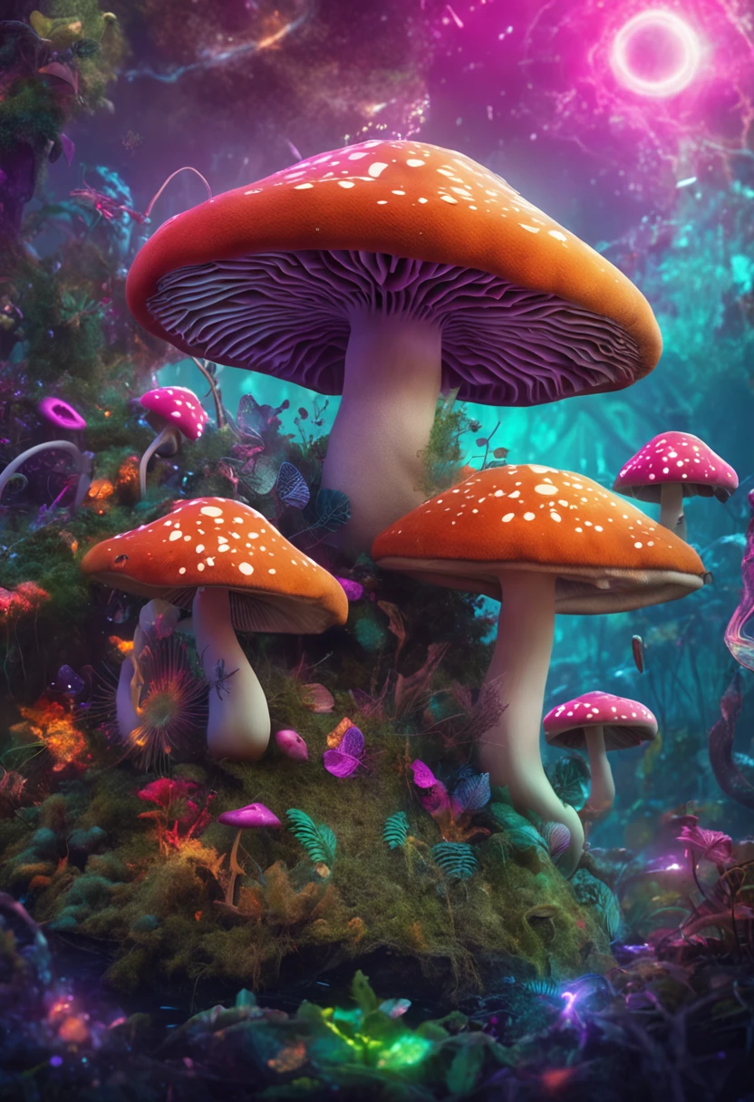 magic world, floating mushrooms, acid trip, lsd