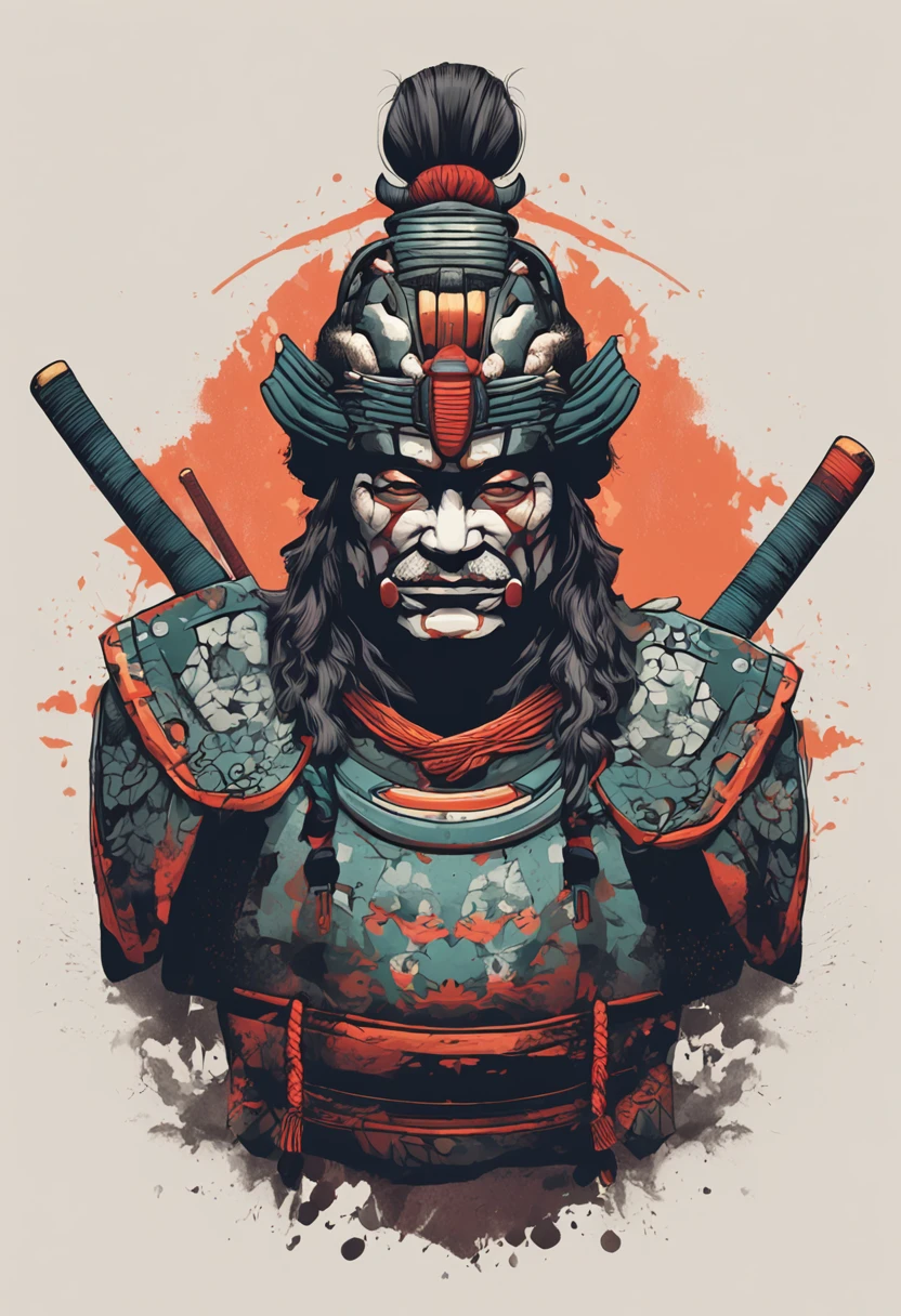 (((Front view))) Samurai head isolated on white background, low poly, retro aesthethic, Character Focus, cinema4d, 4K resolution, Complementary natural tones, Traditional colors