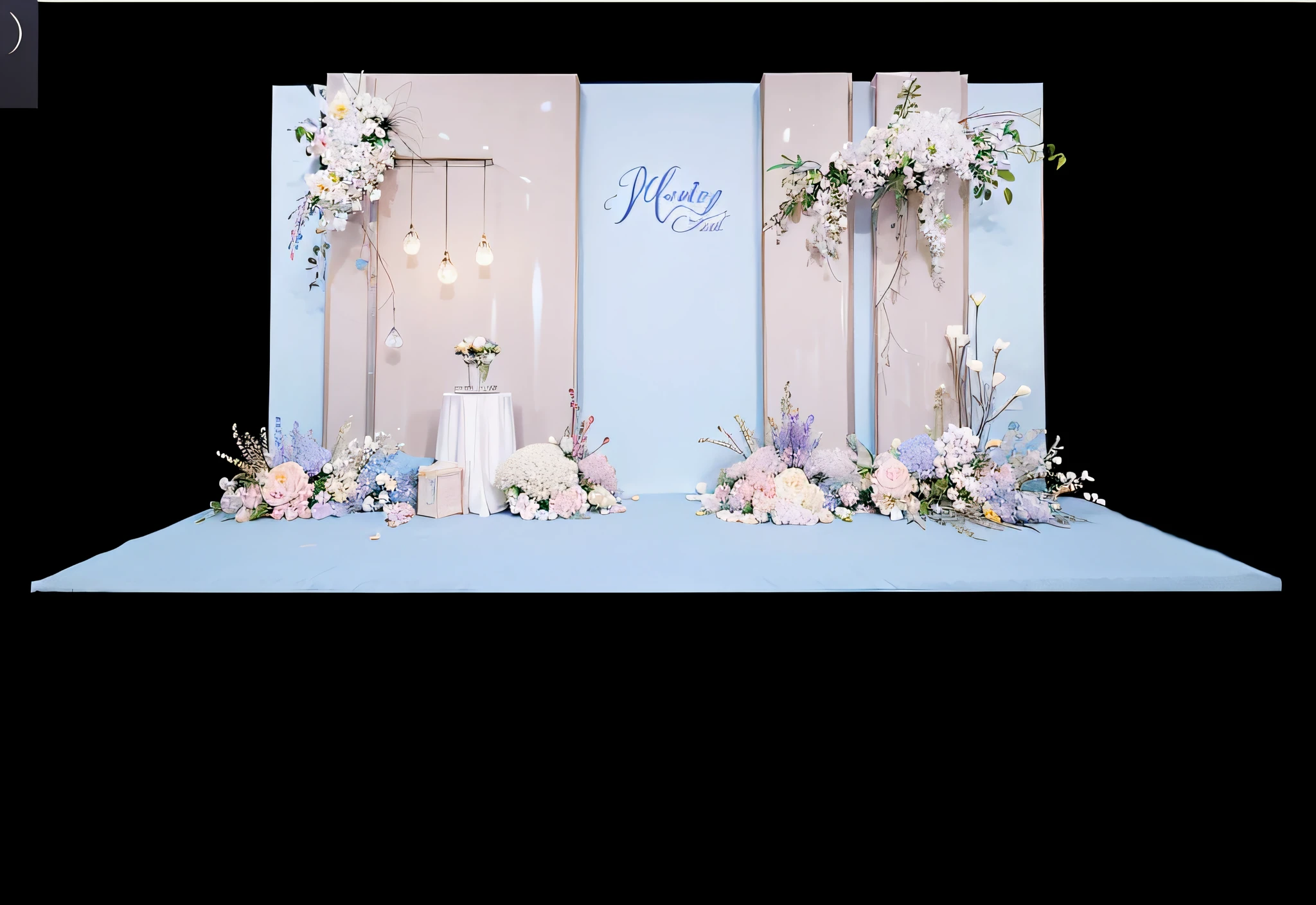opulent ，Beautiful rendering，hyper HD，Hyper-realistic，，French wedding scene，CG rendering，lavishly decorated，enscape render，，Luxurious crystal ceiling，Wedding，opulent，high qulity，with details，Oil painting feeling，florals，Powder blue color scheme，No characters