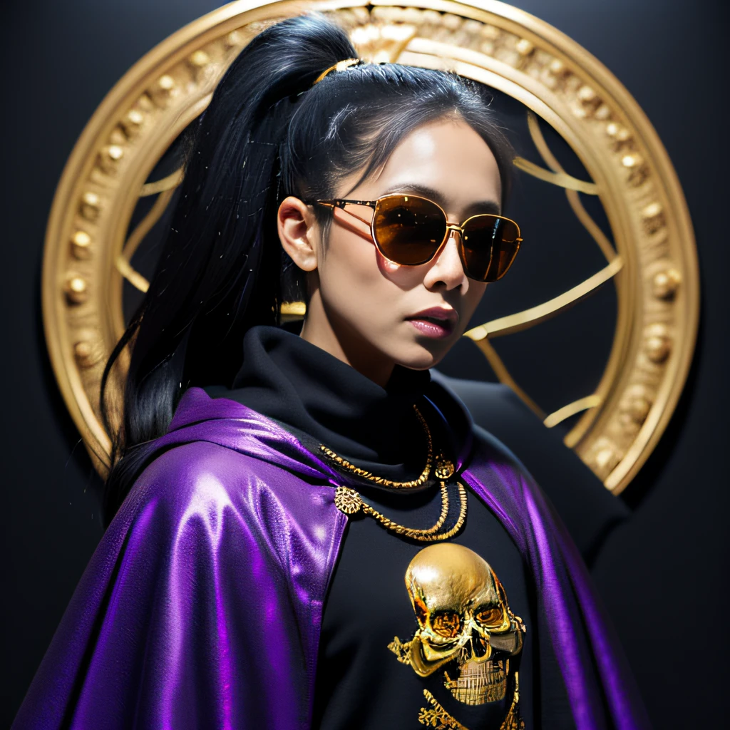Late at night when it snows，32K（tmasterpiece，k hd，hyper HD，32K）Purple-pink double ponytail，flower stick，Indigo Skull King ，Mahogany steering wheel （The skeleton is realistic：1.4），Crocodile pattern robe，Rusty skull ornaments，Sargin linen cloak，Petals flutter，Deep gold sunglasses，Hold your head high，Be proud，The nostrils look at people，A primary and secondary school student， A high resolution，Xueba， the detail， RAW photogr， Sharp Re， Nikon D850 Film Stock Photo by Jefferies Lee 4 Kodak Portra 400 Camera F1.6 shots, Rich colors, ultra-realistic vivid textures, Dramatic lighting, Unreal Engine Art Station Trend, cinestir 800，Hold your head high，Lateral face，Be proud，The nostrils look at people，Tsundere，Petals flutter，Petals flutter，Crocodiles sprinkled with gold dust，Fluttering，Impeccable，( reasonable design, Clear lines, High sharpness,Best quality, Very detailed skeleton, The skeleton of a masterpiece, offcial art, movie light effect, 8K crocodile skeleton（（（Platinum marble sunglasses）））Deep gold sunglasses，side portrait