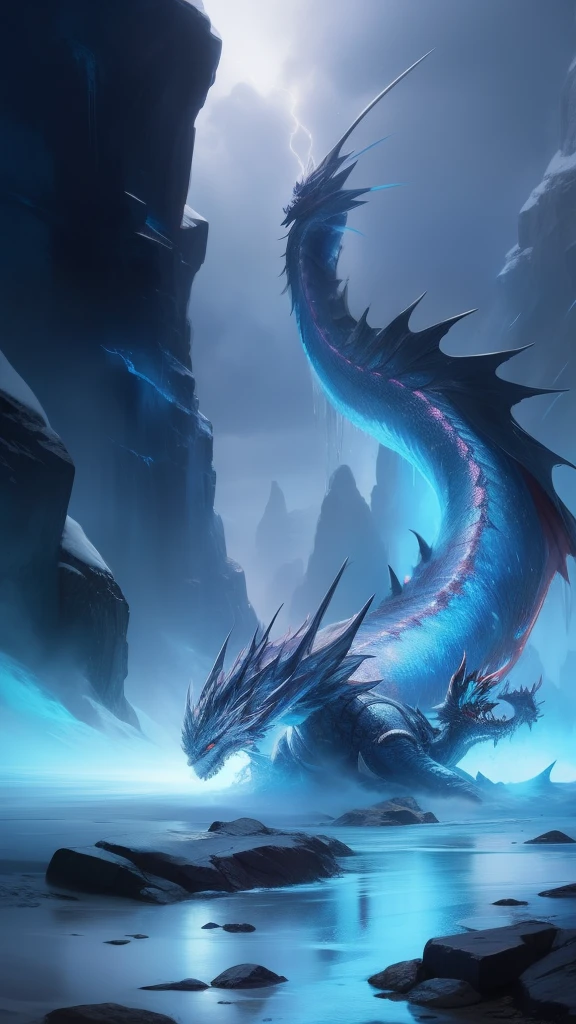 Create a dragon based on these characteristics: He was gigantic and apparently asleep in the underground caves of Valaria, its body was long, thin and in a color that resembled pearls from the bottom of the sea., the pointed tip of the tail had a blue-green color, as did the horns and scales on the top of the back., your blue-green eyes and your cold blue fire