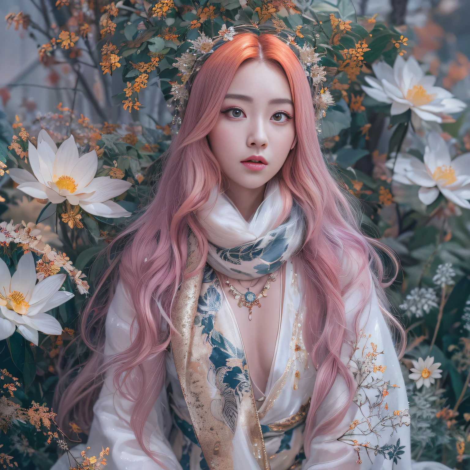 Exclusion Zone 32K(tmasterpiece,k hd,hyper HD,32K)Long flowing light orange hair,Autumn Pond,zydink, a color, Tongzhou people (Girl with glowing eyes), (Thin silk scarf), Side squat position, looking at the ground, long whitr hair, Floating hair, Python headdress, Chinese long-sleeved clothing, (abstract ink splash:1.2), white backgrounid,Lotus protector(realisticlying:1.4),Purple-pink hair,Snowflakes fluttering,The background is pure, A high resolution, the detail, RAW photogr, Sharp Re, Nikon D850 Film Stock Photo by Jefferies Lee 4 Kodak Portra 400 Camera F1.6 shots, Rich colors, ultra-realistic vivid textures, Dramatic lighting, Unreal Engine Art Station Trend, cinestir 800,Long flowing light orange hair