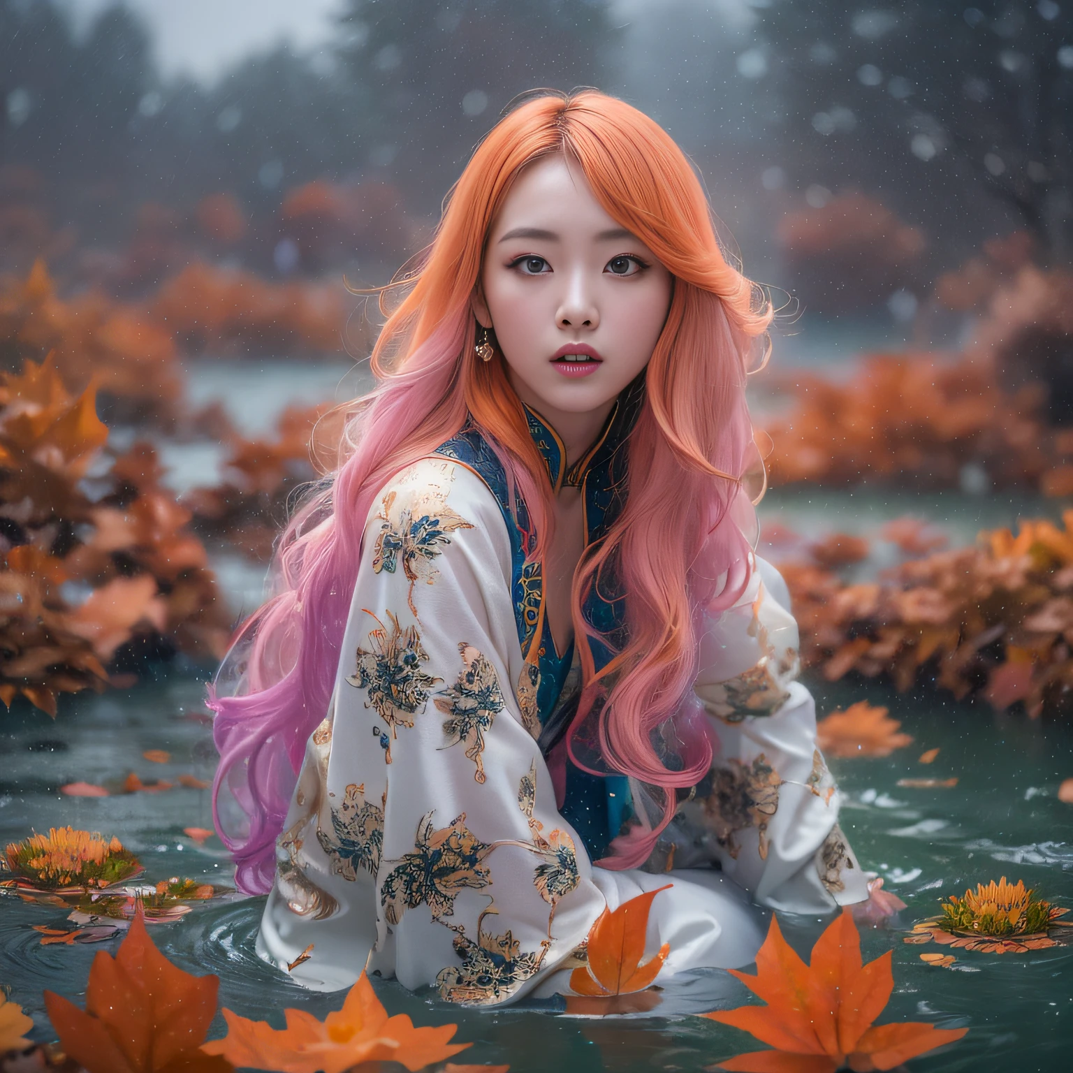 Exclusion Zone 32K(tmasterpiece,k hd,hyper HD,32K)Long flowing light orange hair,Autumn Pond,zydink, a color, Tongzhou people (Girl with glowing eyes), (Thin silk scarf), Side squat position, looking at the ground, long whitr hair, Floating hair, Python headdress, Chinese long-sleeved clothing, (abstract ink splash:1.2), white backgrounid,Lotus protector(realisticlying:1.4),Purple-pink hair,Snowflakes fluttering,The background is pure, A high resolution, the detail, RAW photogr, Sharp Re, Nikon D850 Film Stock Photo by Jefferies Lee 4 Kodak Portra 400 Camera F1.6 shots, Rich colors, ultra-realistic vivid textures, Dramatic lighting, Unreal Engine Art Station Trend, cinestir 800,Long flowing light orange hair