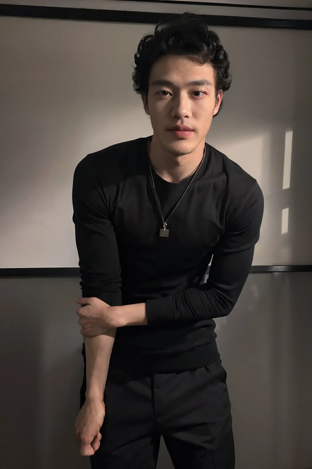 (masterpiece:1.2),(best_quality:1.4),(highres:1.1),(ultra-detailed:1.2),1 man,good_shoulder,fashion_model, model_pose, (black male perm hair),(eye close-up),model,(handsome) Clear eyes,Men's Hairstyle, black eyes, full body, school boy, dirty school uniform, black pants, standing, in dark school, chaos class room
