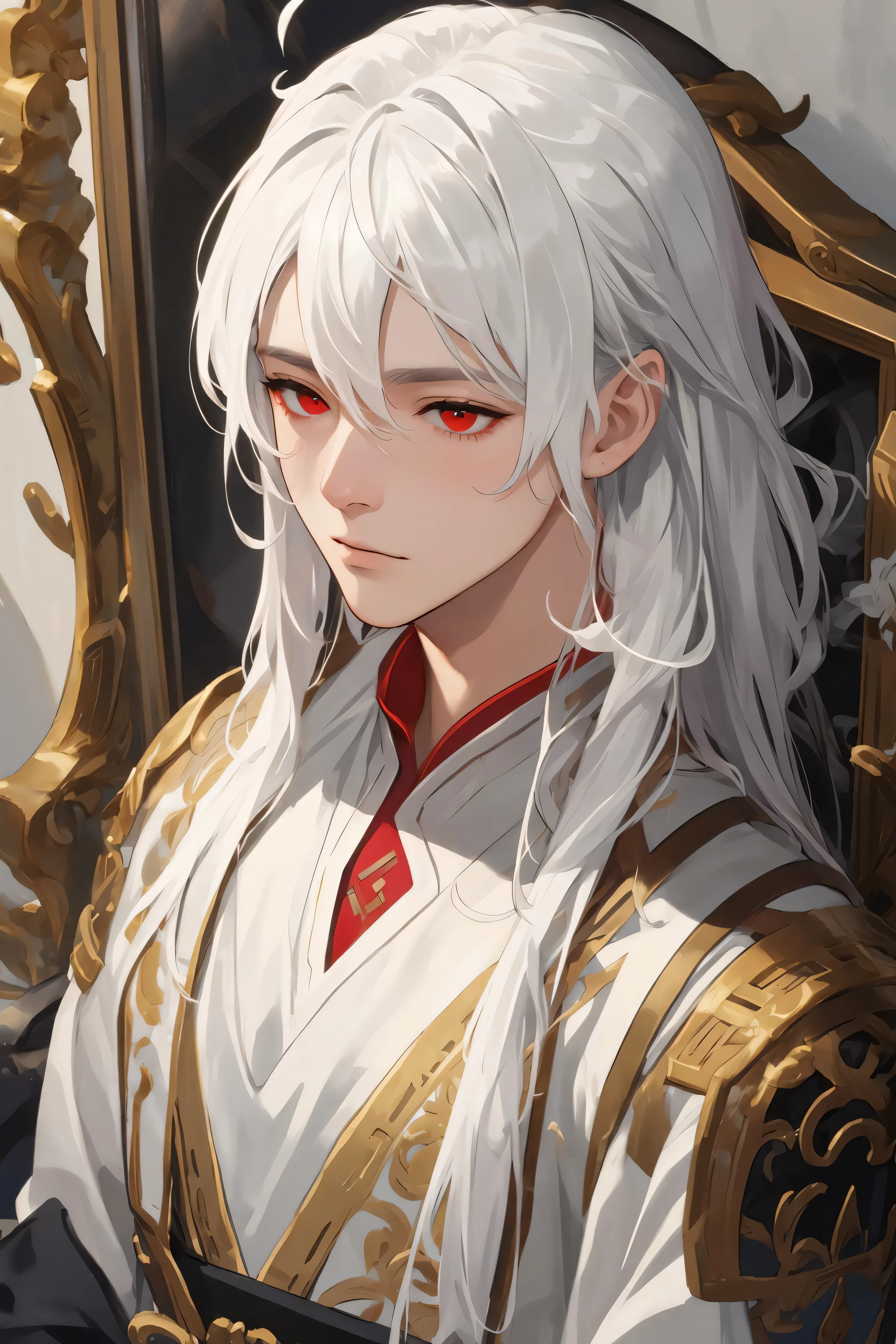 nsfw, masterpiece, best quality, ultra-detailed, semi-realistic, detailed facial features, 1boy, white hair, long hair, red eyes, wearing a detailed and intricate xianxia ancient clothes