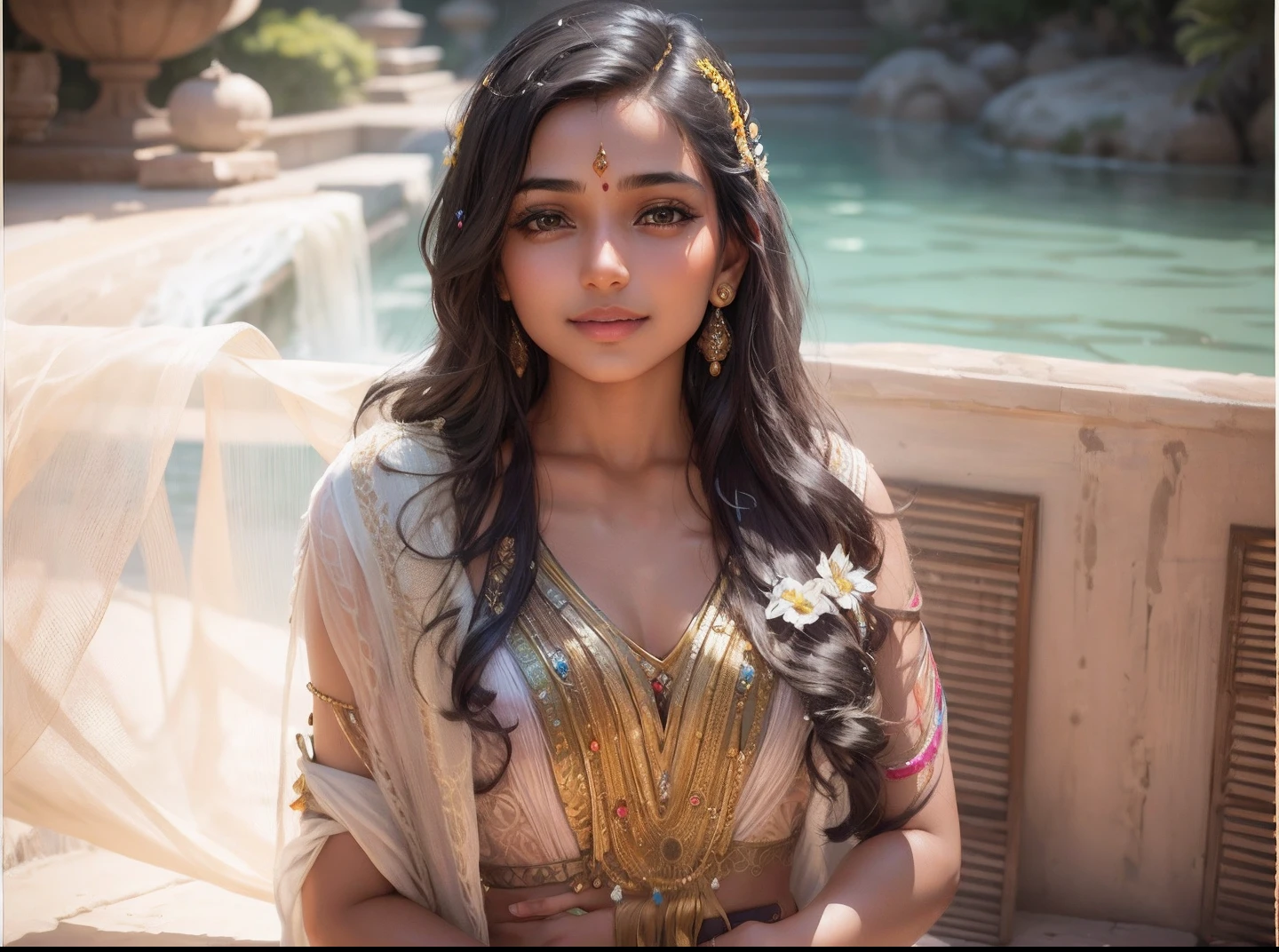 Young Indian girl, delicate and beautiful girl, gentle smile, Dynamic posture, dinamic angle, Women's jewelry, Ornaments, Tatoo, sari, Indian Garden, Sunny day, water, Flowers, hyper realisitc, hyper-detailing, 8K