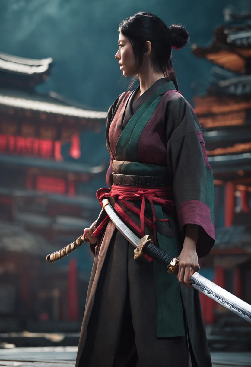 (((Front view))) A dark-haired, femele, Japanese Katana Sword, Character Focus, cinema4d, 4K resolution, Complementary natural tones, Traditional colors