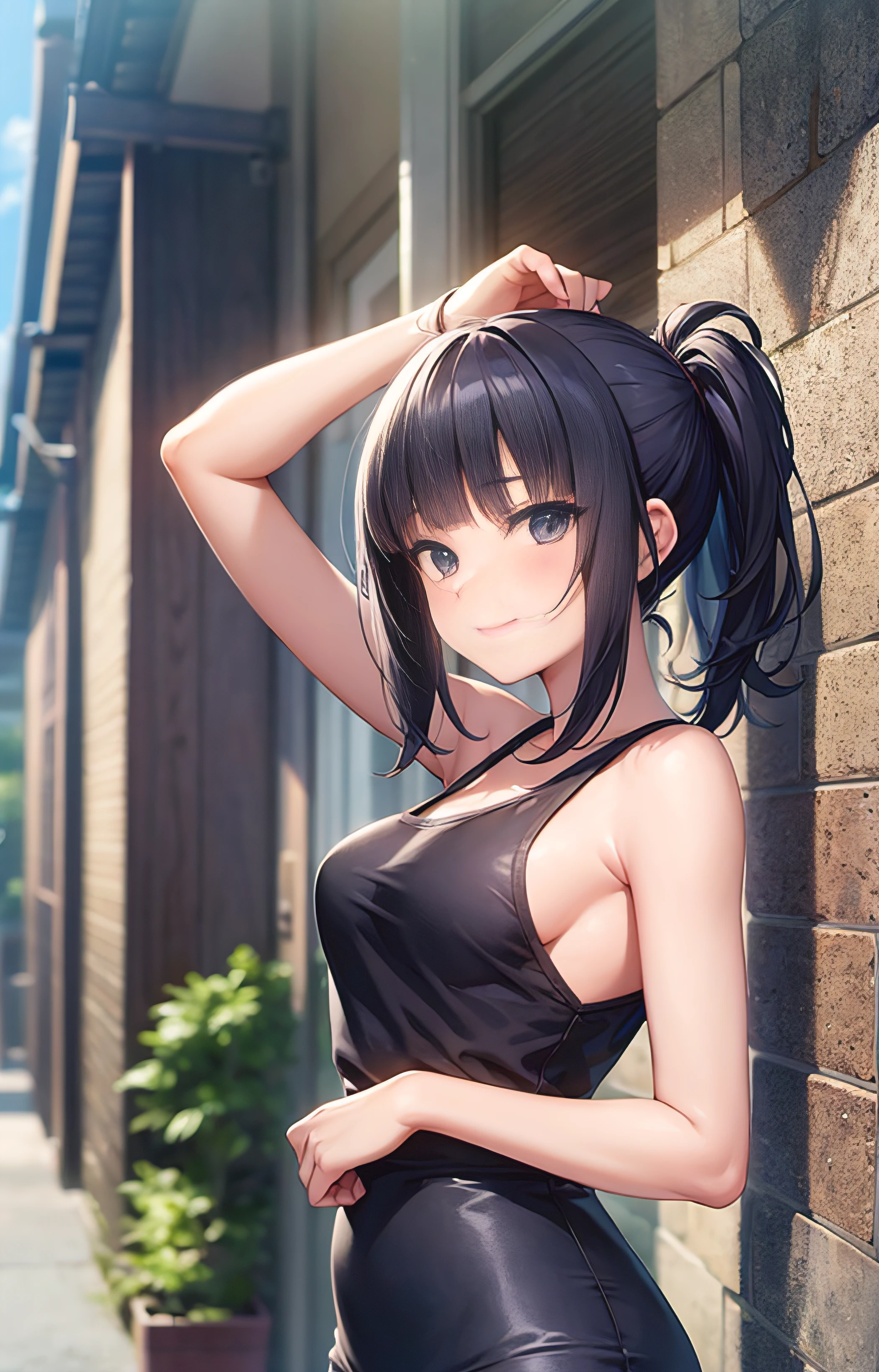 Anime girl with black hair and gray top poses for photo, Hinata Hyuga, anime moe art style, tall, Nico Robin, shikamimi, gapmoe yandere grimdark, Ecchi anime style, [[[[grinning evily]]]], harumi