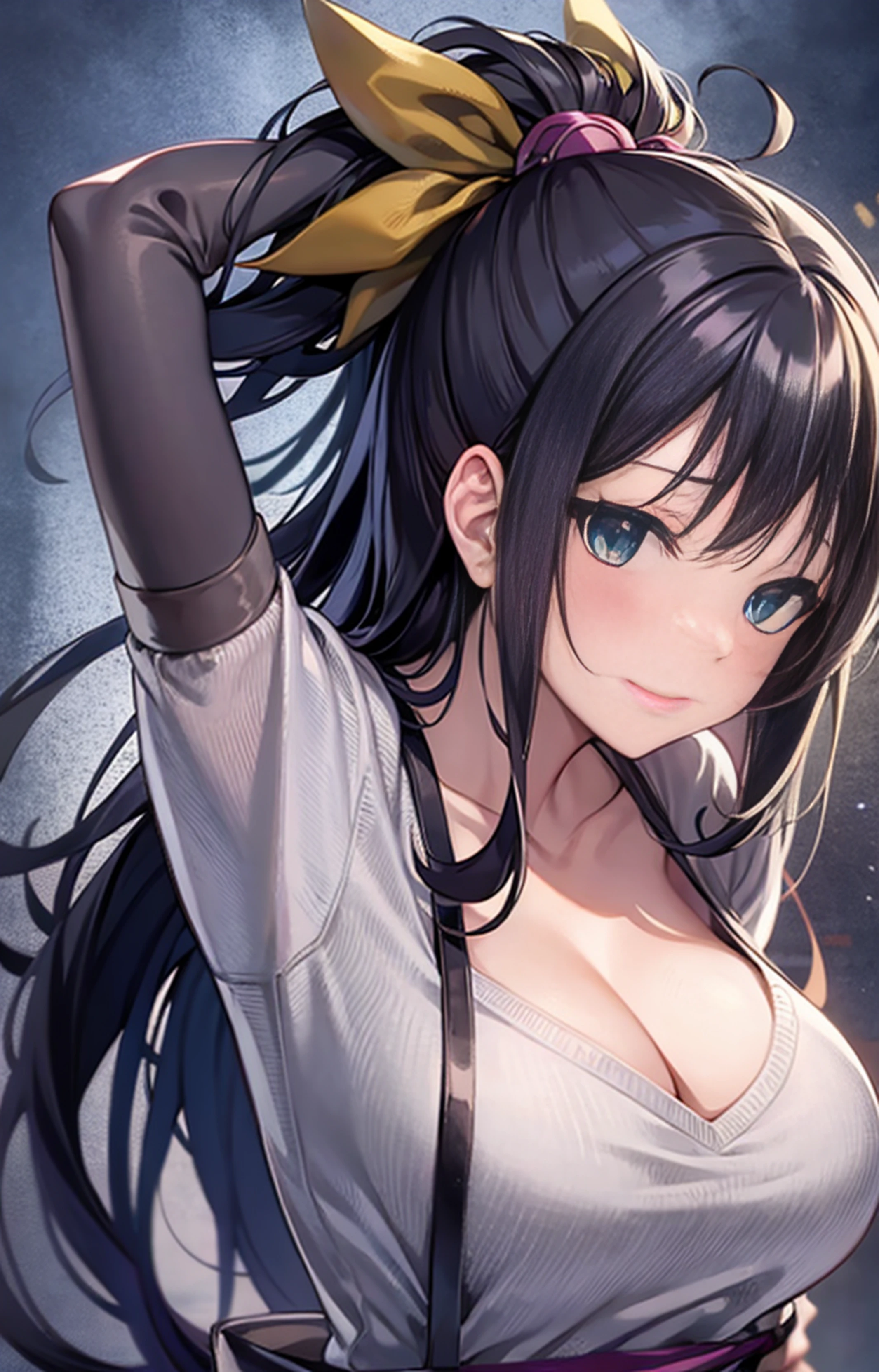 Anime girl with black hair and gray top poses for photo, Hinata Hyuga, anime moe art style, tall, Nico Robin, shikamimi, gapmoe yandere grimdark, Ecchi anime style, [[[[grinning evily]]]], harumi
