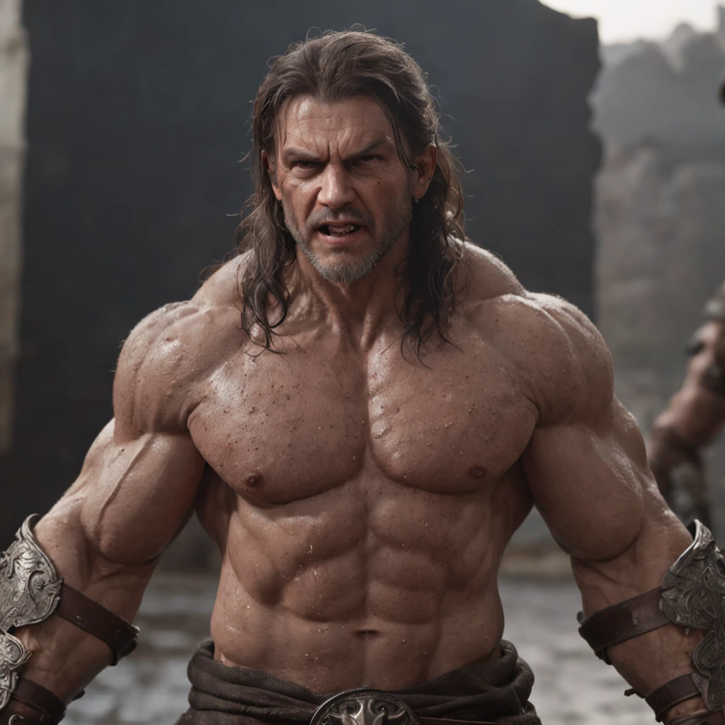 (professional 3d render:1.3) af (Realistic:1.3) most beautiful artwork photo in the world,Features soft and shiny male heroes, ((Epic hero fantasy muscle man rough wet hero angry look long hair short beard and ferocious expression in dynamic pose, Fantastic location, Majestic cluttered environment)), full body 8k unity render, action shot, skin pore, very dark lighting, heavyshading, Detailed, Detailed face, (vibrant, photograph realistic, Realistic, Dramatic, Dark, Sharp focus, 8K), (Old leather garments damaged by weathering:1.4), ((((Wear fur)))), (Intricate:1.4), decadent, (Highly detailed:1.4), Digital painting, rendering by octane, art stations, concept-art, smooth, Sharp focus, illustration, Art germ, (loish:0.23), wlop ilya kuvshinov, and greg rutkowski and alphonse mucha gracias, (Global illumination, Studio light, volumettic light), heavy rain, particles floating, lotr, fantasy, elf, full bodyesbian, ((Dark and ancient city background:1.3)),CGSesociety,art stations