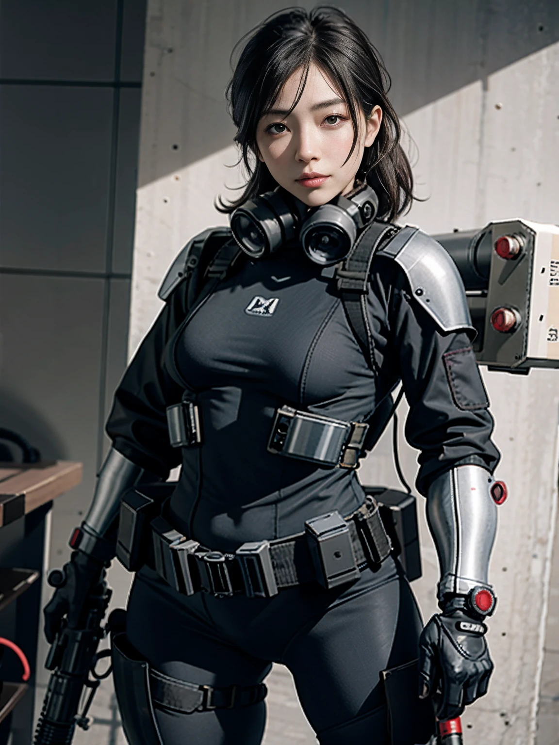 Highest image quality, outstanding details, ultra-high resolution, (realism: 1.4), ((close up:0.75)), highly condensed 1 lady, with beautiful and a delicate face, perfect proportion, aiming the viewer, ((aiming the viewer)), (chubby:0.3, small breasts), (cloths color base ratio black:0.4 white:0.5 other-color:0.1), (wearing rash-guard likes police uniform, black and gray mecha, wearing high-tech heavy gasmask, military harness, holding a machinegun, carrying hich-tech-flamethrower -tank on back), captain, background simple gray wall,