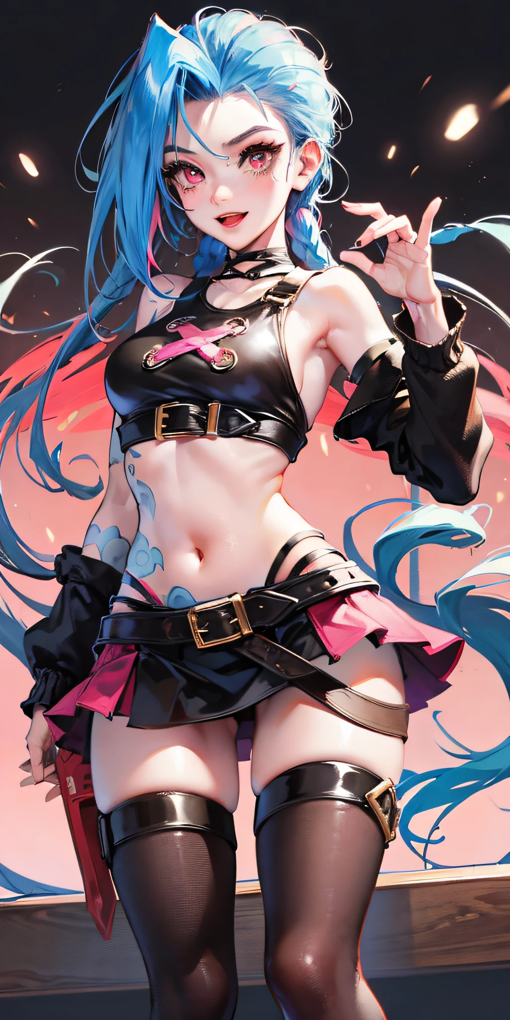 jinx,having fun，Student clothing，Superskirt，Crop topping，cute-style，highly rendered，detailed face with，Fleshy thighs