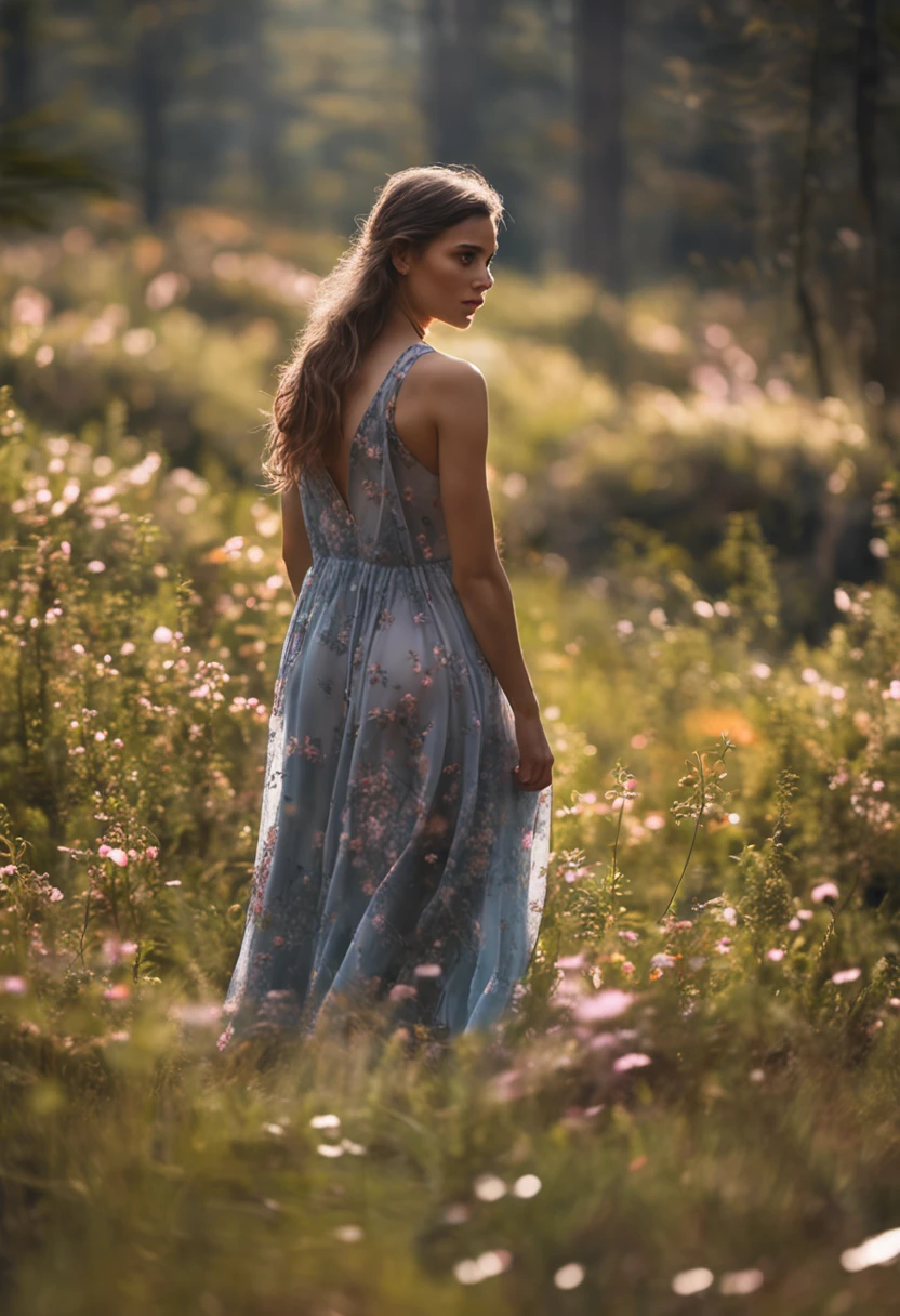 Beautiful girl full body dress silk dress delicate and beautiful,the detail,realisticlying,Ultra Realistic Photo,8k UHD,digital SLR camera,The sun shines in the forest ,high high quality,filmgrain,Wildflowers are beautiful,The morning sun overlaps,Beautiful
