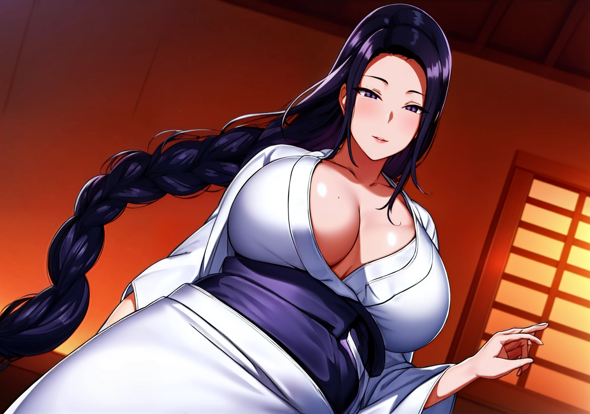 (Night:1.7), Japan, Tokyo, CityView, Before Window,
Standing at attention,
(White_kimono:1.3),cleavage,
black_hair, long_hair, hair_pulled_back,parted_lips,purple_eyes, braid,
1 girl, 24yo,mature female,Beautiful Finger,Beautiful long legs,Beautiful body,Beautiful Nose,Beautiful character design, perfect eyes, perfect face,
looking at viewer, in the center of the image,
NSFW,official art,extremely detailed CG unity 8k wallpaper, perfect lighting,Colorful, Bright_Front_face_Lighting,
(masterpiece:1.0),(best_quality:1.0), ultra high res,4K,ultra-detailed,
photography, 8K, HDR, highres, absurdres:1.2, Kodak portra 400, film grain, blurry background, bokeh:1.2, lens flare, (vibrant_color:1.2)
(Beautiful,large_Breasts:1.4), (beautiful_face:1.5),(narrow_waist),