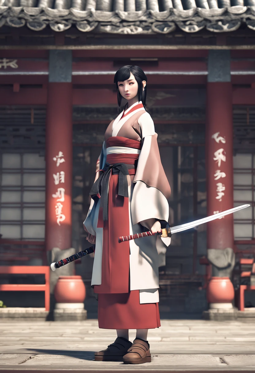 (((frontage,Full-body figure))) A dark-haired, femele, cute little,animesque,Japanese Katana Sword, Character Focus, cinema4d, 4K resolution, Complementary natural tones, Traditional colors