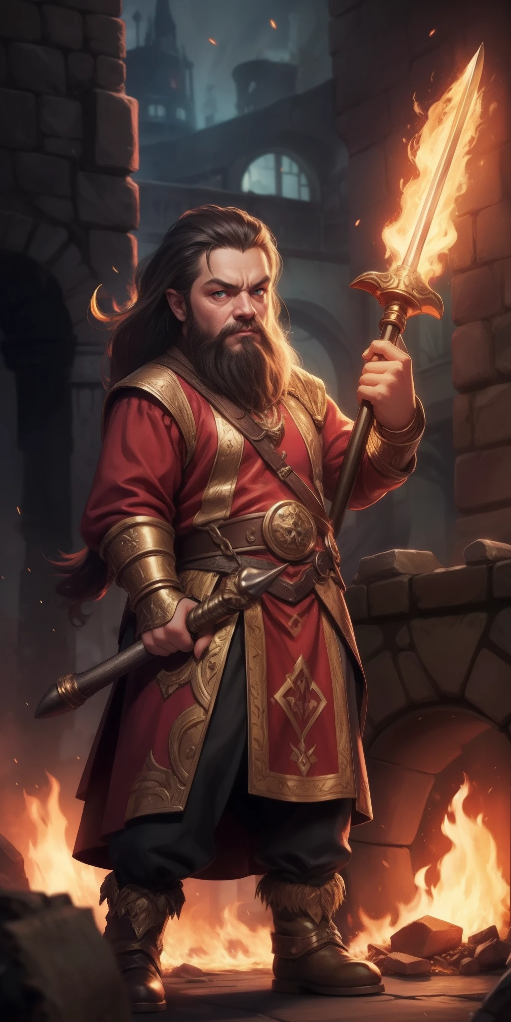 A dwarf with fiery eyes, With a huge magic hammer, Metallic skin