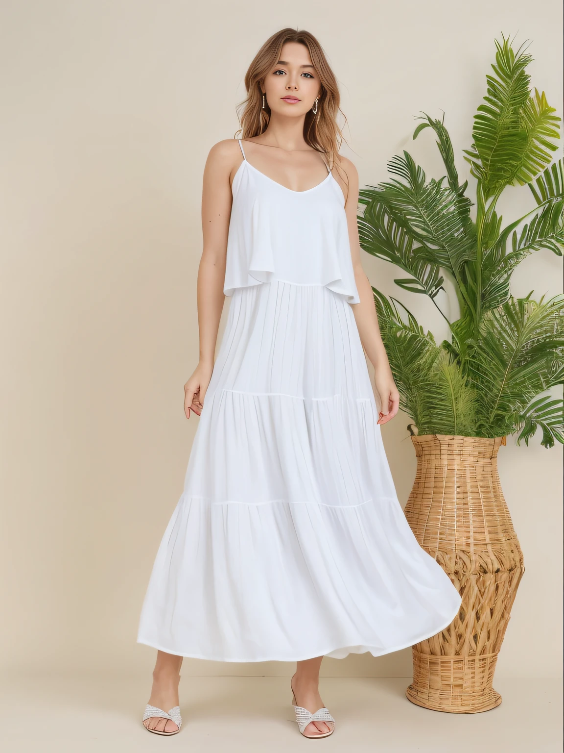 uma mulher em um vestido branco ao lado de uma planta, wearing a white flowing dress, white flowing dress, vestido branco longo, em um longo vestido branco, em um maxi vestido branco, lindo vestido branco longo longo, vestido de branco, Vestido de sol branco, flowey, usando junto vestido branco, Flowing dress, usando um vestido de sol branco, wearing a flowing sundress