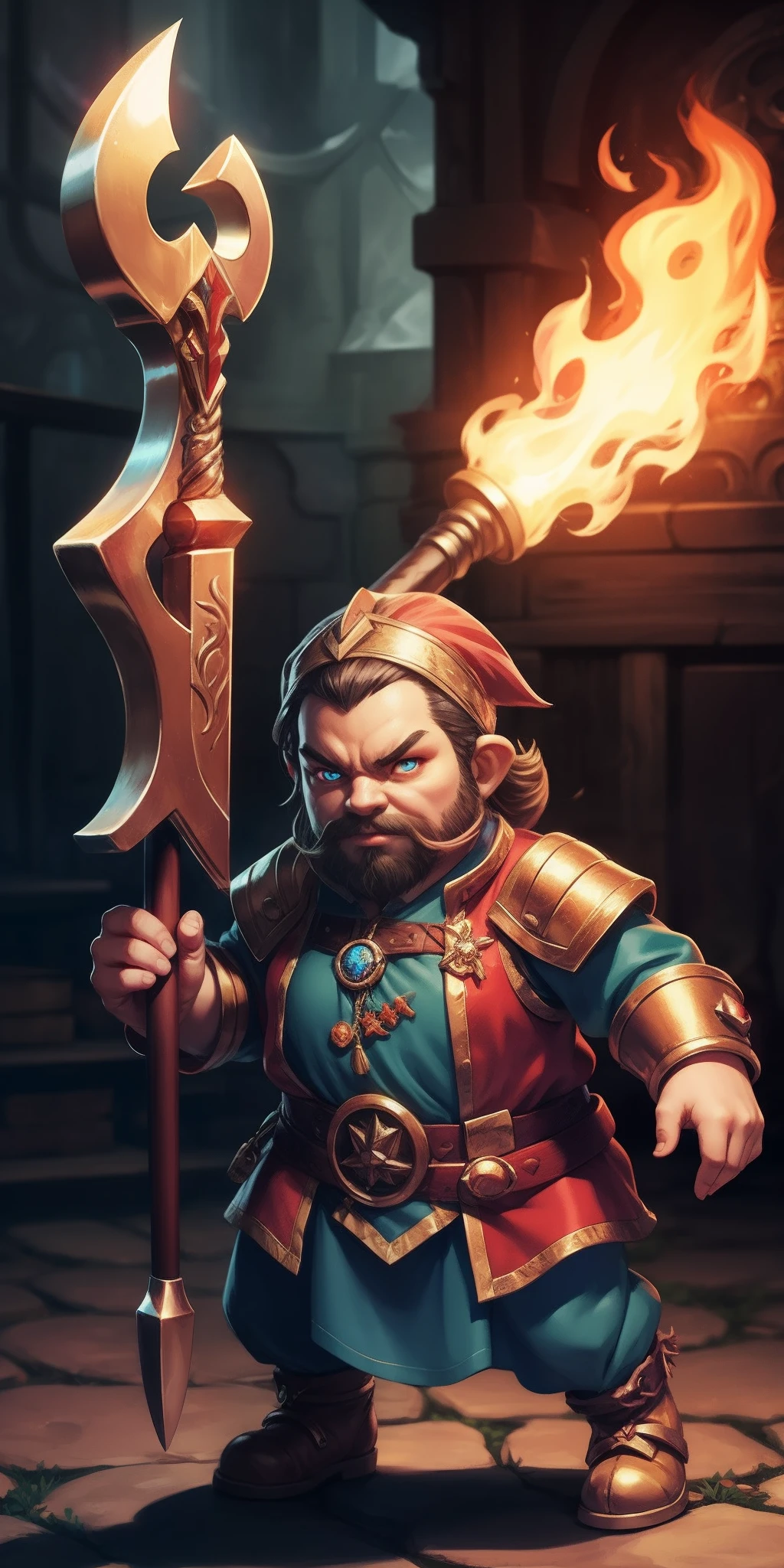 A dwarf with fiery eyes, With a huge magic hammer, Metallic skin