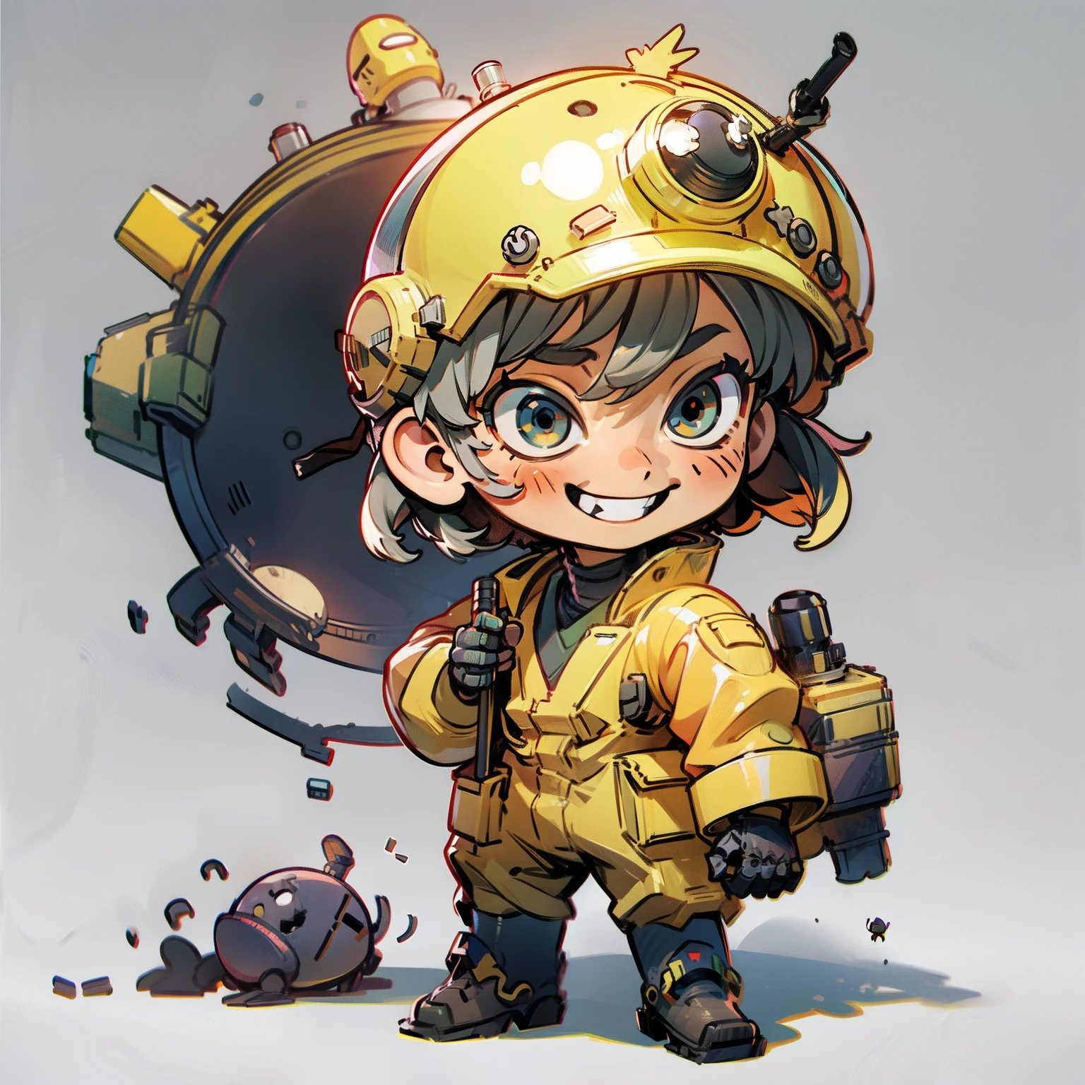 masutepiece, Best Quality, Full body shot, No background, White background, Man's, Chibi, Lil Bulldozer, Gray and yellow, Baby, droid, Boy, Smile, helmets, Work clothes, globe, long boots,