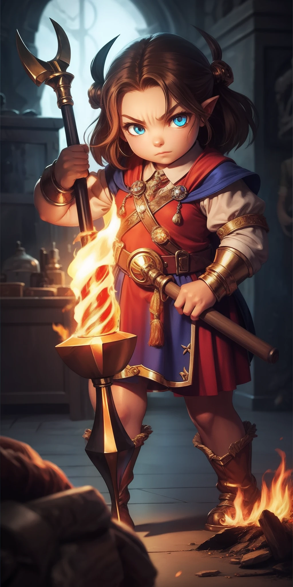 A dwarf with fiery eyes, With a huge magic hammer, Metallic skin